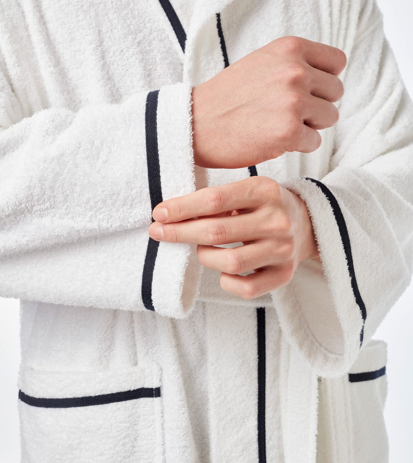 Arus Men's Hooded Classic Bathrobe Turkish Cotton Robe with Full Length Options, White With Navy Blue Border, XX-Large