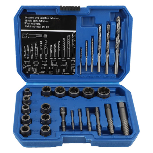 26Pcs Bolt Extractor Set & Drill Bit Kit, Screw Extractor for Spiral Screws, Easy Out Extractor Set, Multi-Spline Screw Extractors Nut Remover for Removing Damaged, Frozen, Rusted Nuts Screws Bolts