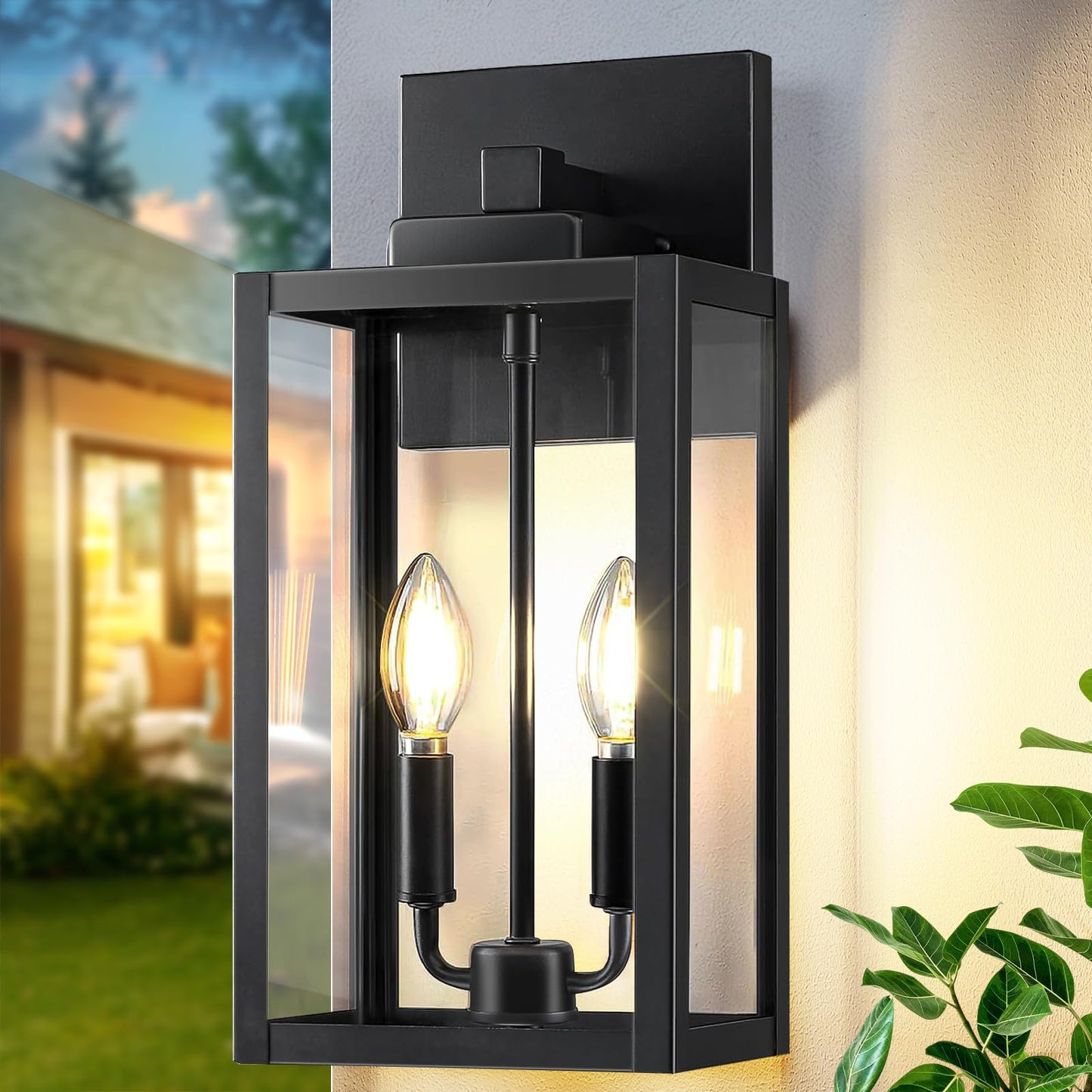 15.5" Black Outdoor Wall Lantern 2-Light, Outside Modern Wall Sconce Light Fixture, Industrial Porch Light Wall Mount with E12 Sockets, Waterproof Exterior Lamp Lighting, 1 Pack