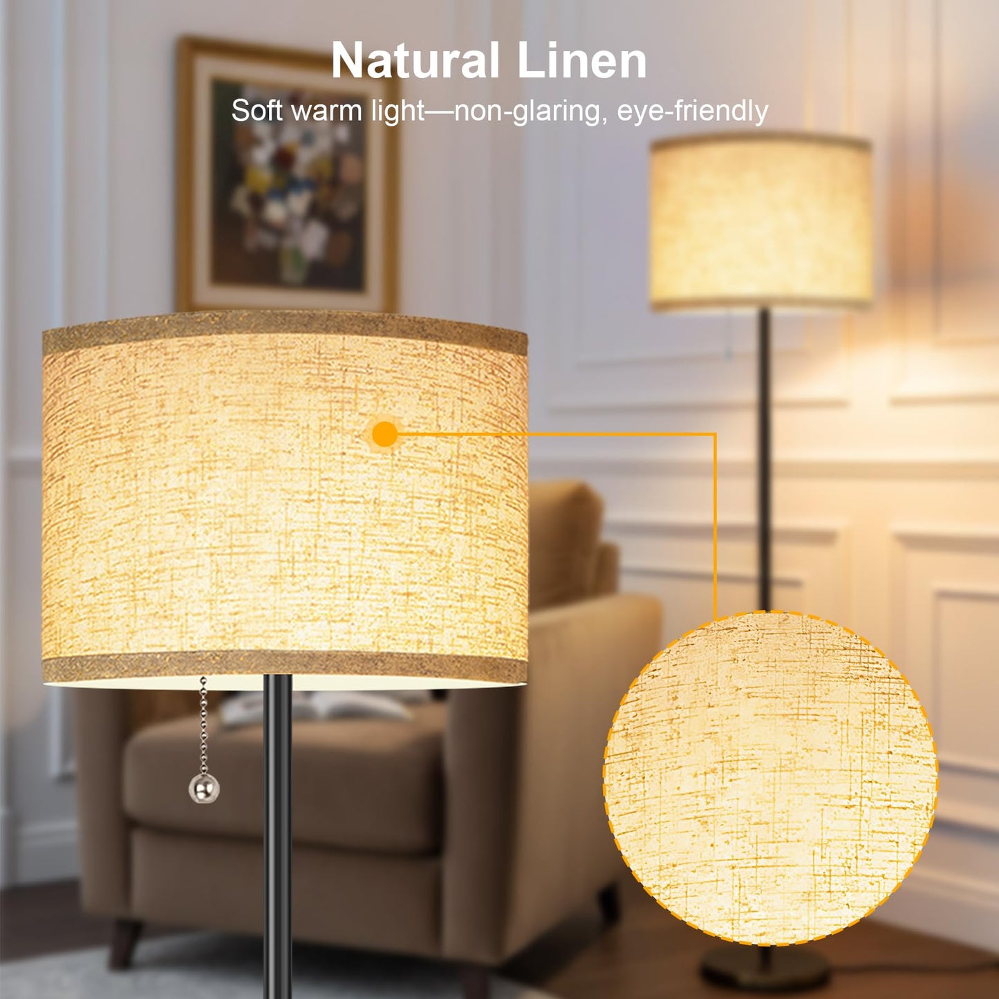 FUNNYBEHOM Floor Lamps for Living Room with 3 Color Temperatures Standing Lamp with Beige Linen Lampshade Tall Lamps for Bedroom Office, Reading, 9W LED Bulb Included, Black