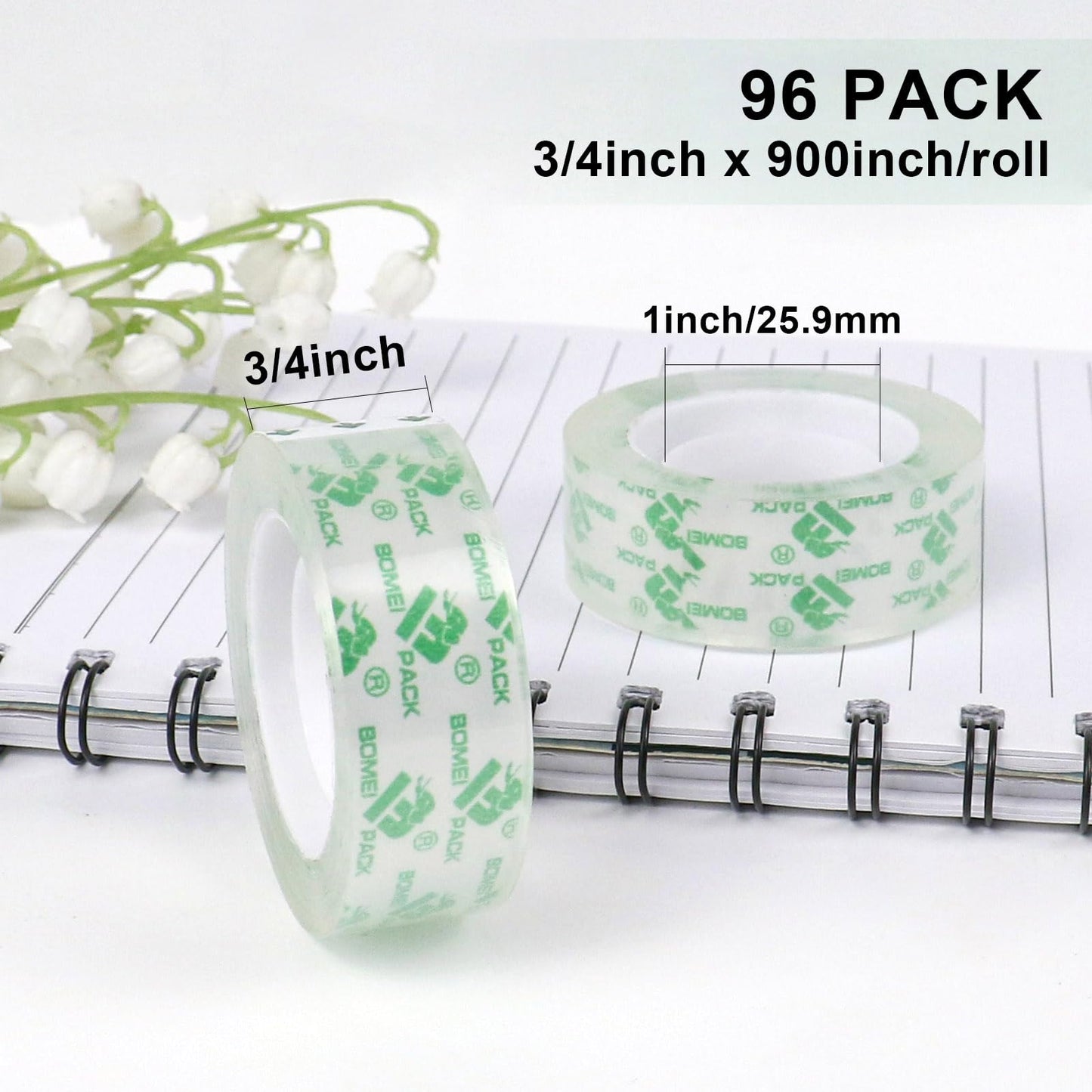 BOMEI PACK 96 Rolls Crystal Clear Transparent Tape, Stationery Tape Refills Rolls for Dispenser, 3/4 in x 900 in,1 inch Core, Gift Wrapping Clear Tape Bulk for Office, School and Home