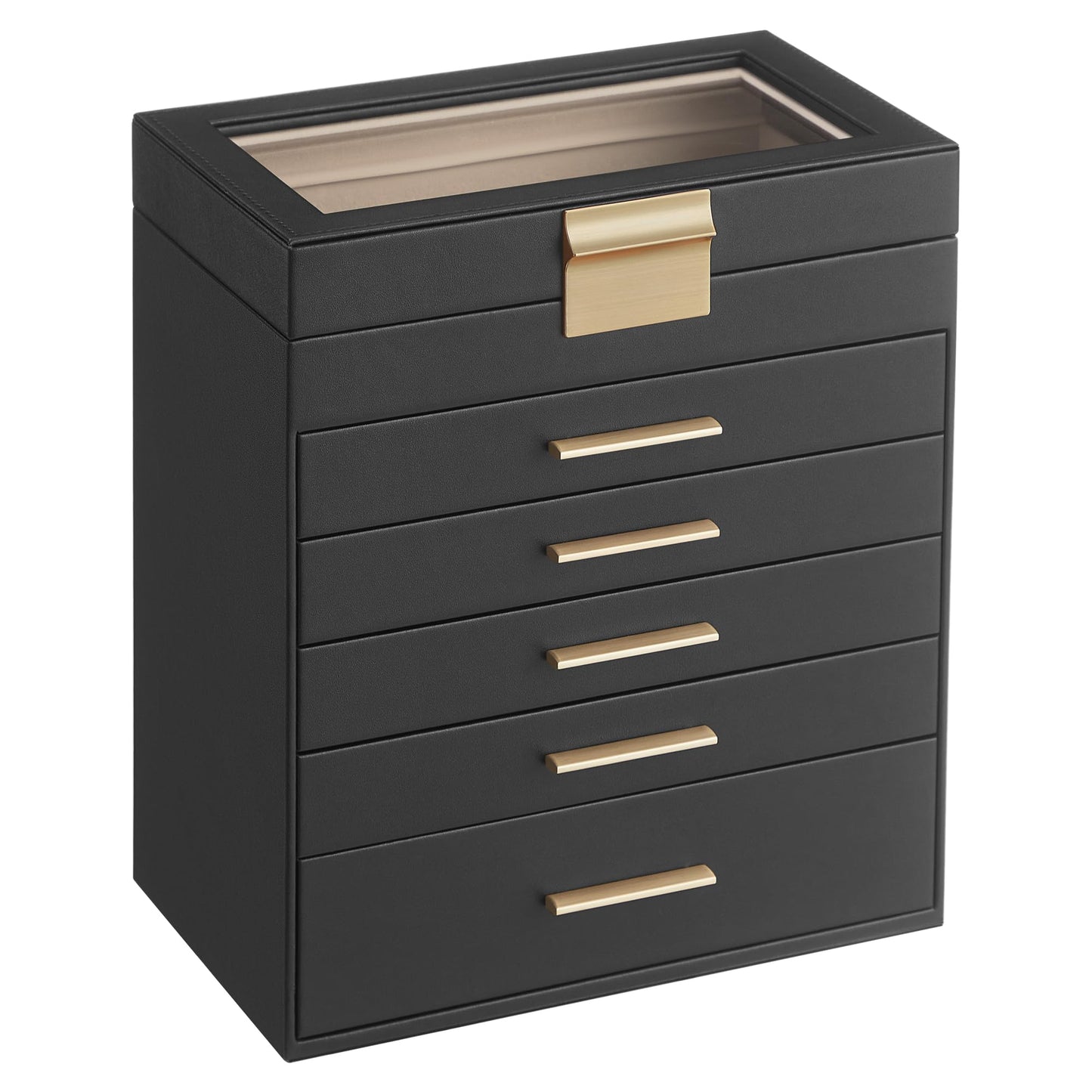 SONGMICS GISELLA Collection - Jewelry Box Organizer, 6-Layer Jewelry Storage with 5 Drawers, Shiny Metal Hardware, Glass Lid, Modern, 16.3 x 25.1 x 29 cm, Ink Black and Gold Color UJBC171B01