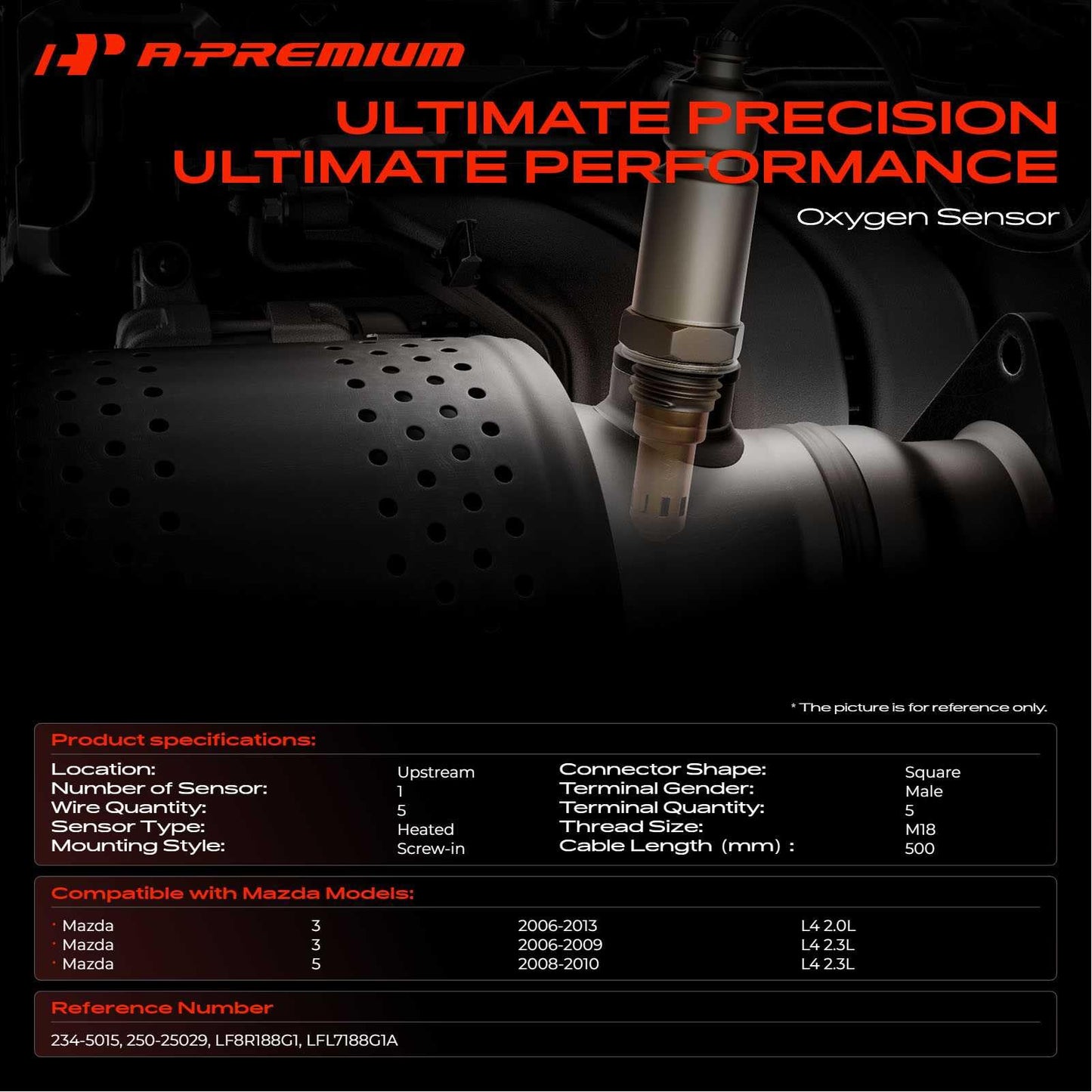 A-Premium O2 Oxygen Sensor Compatible with Mazda 3 2006 2007 2008 2009 2010 2011 2012 2013, 5 2008 2009 2010, 2.0L 2.3L, Upstream, Replace# LFL7188G1A, LF8R188G1