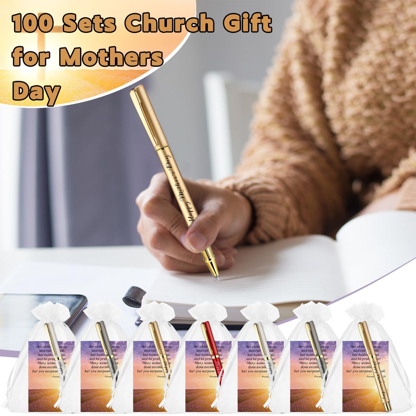 Tellingyou 100 Sets Mother's Day Church Gifts Bulk Included Happy Mother's Day Pens Inspirational Religious Cards Bible Verse Cards and Organza Bags for Women Church Members Christian Gift, 5 Colors