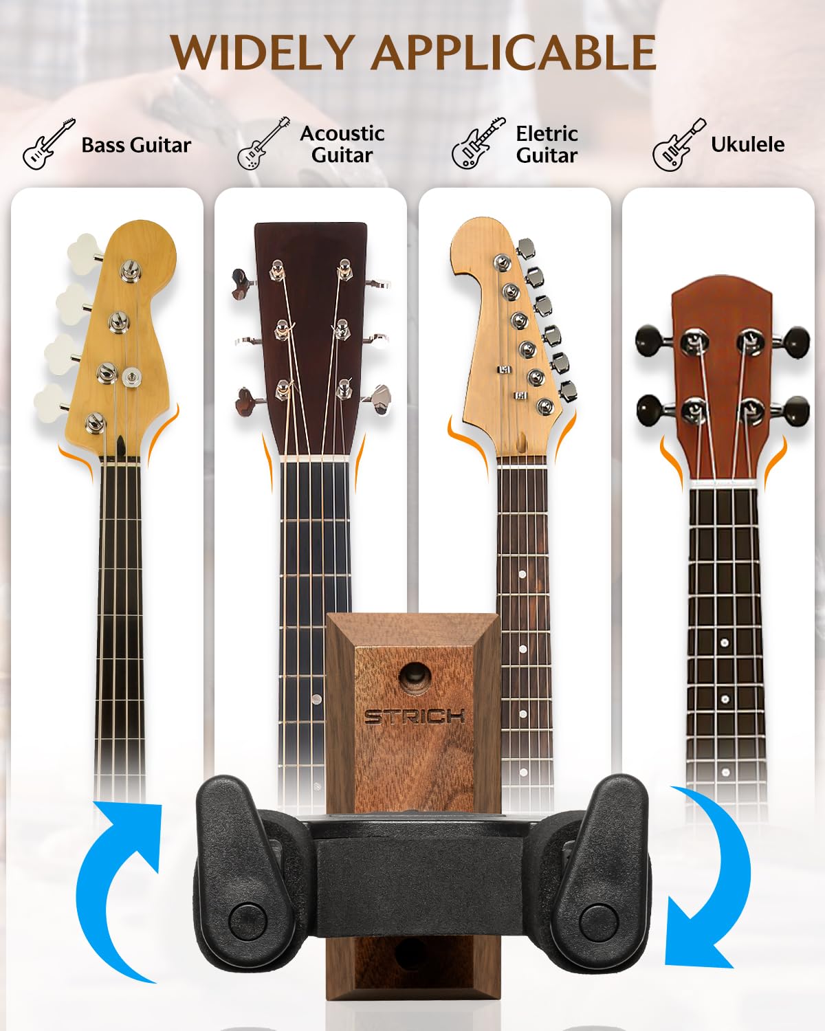 STRICH Guitar Wall Mount,Walnut,U-Shaped with Screws,Auto Lock Guitar Holder Hook for Acoustic, Electric Guitar, Banjo, Bass(3-Pack)