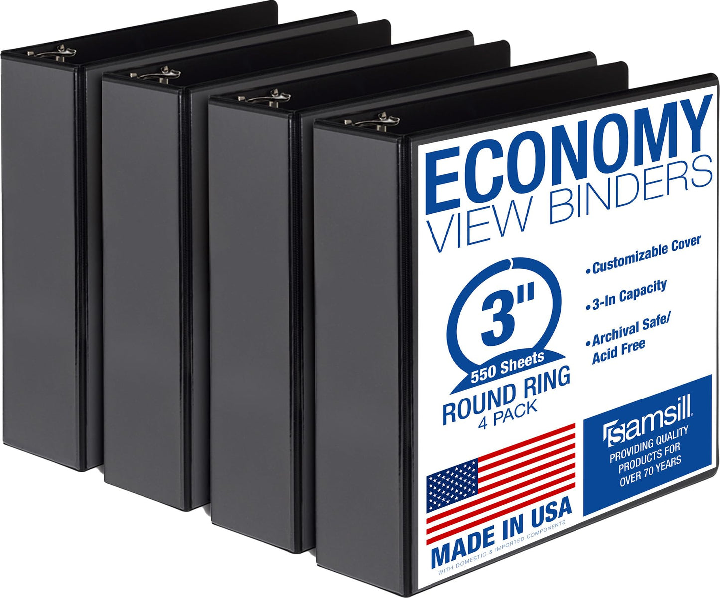 Samsill 3 Inch 3 Ring Binders, Made in USA, Economy Round Ring, Clear View Cover, 550 Sheet Capacity - for School, Home, Office - Black, 4 Pack
