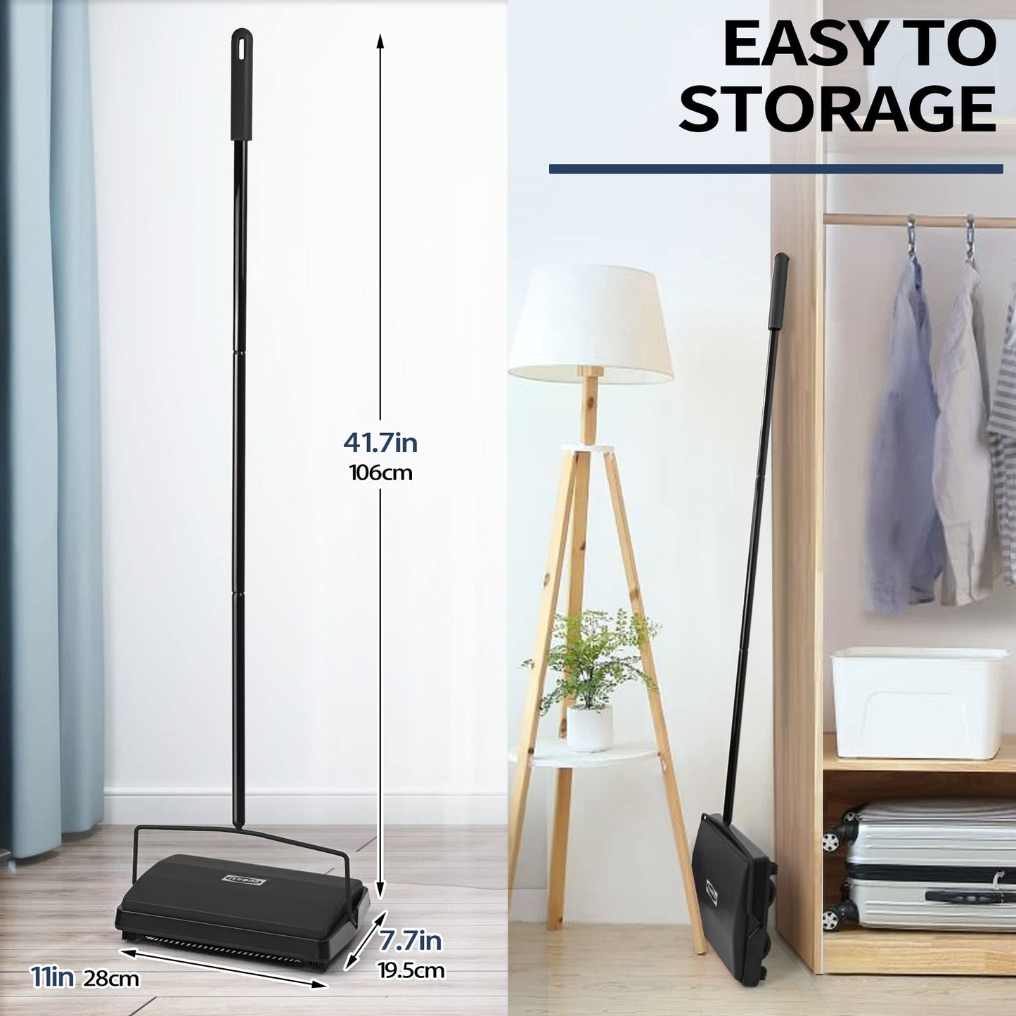 JEHONN Carpet Floor Sweeper Manual with Horsehair, Non Electric Quite Rug Roller Brush Push for Cleaning Pet Hair, Loose Debris, Lint (Black)