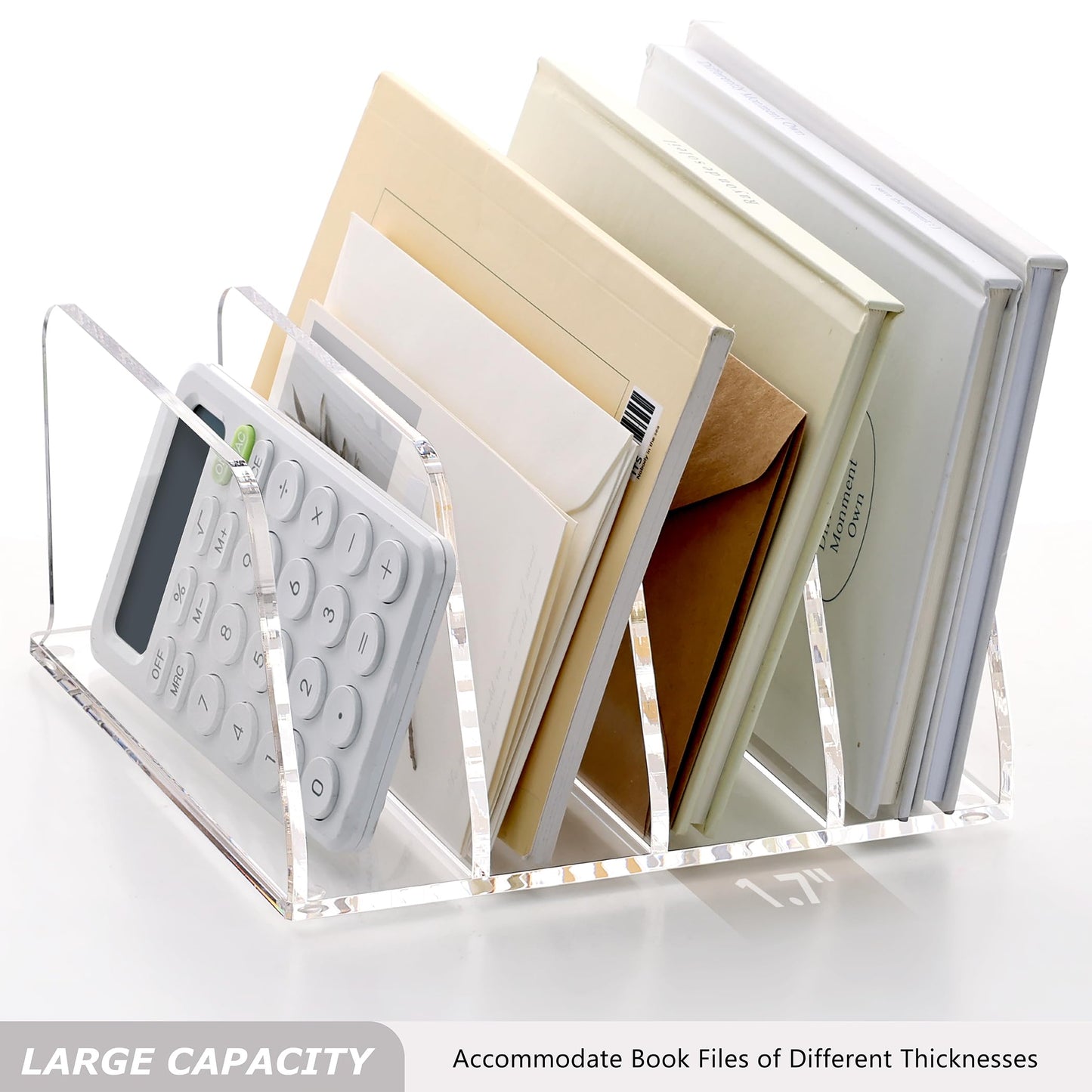 SANRUI Acrylic Desk File Sorter Organizer Holder, 4-Section Clear Vertical Letter File Folder Rack, Notebook Magazine Desktop Binder Mails Storage Bookshelf Upright Divider for Home Office School