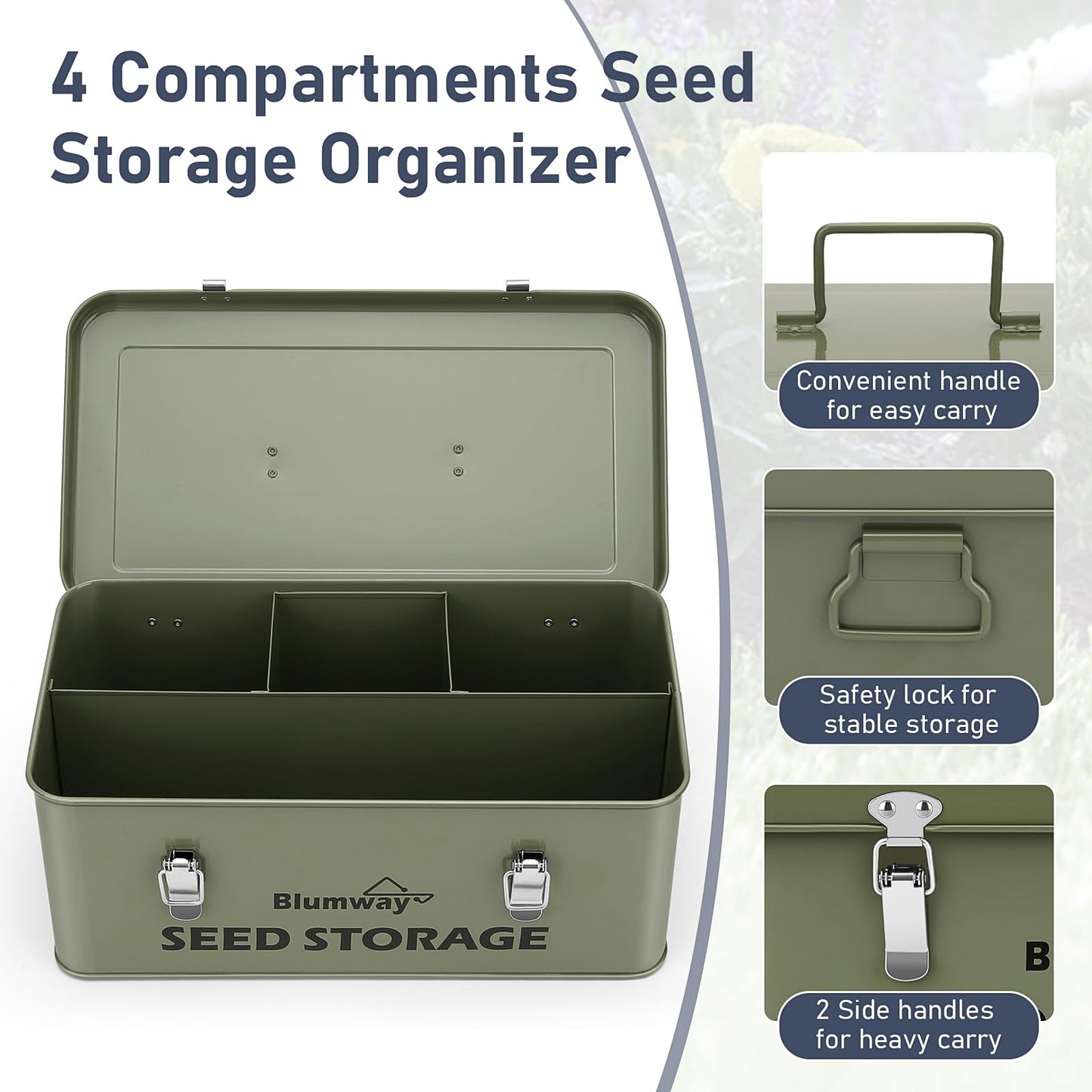 BlumWay Seed Storage Organizer, Metal Seed Saving Box with Lid, Seed Storage Container with Safety Locks, 4 Compartments Seed Packet Organizer, Garden Seed Bin for Plants Flower- Green