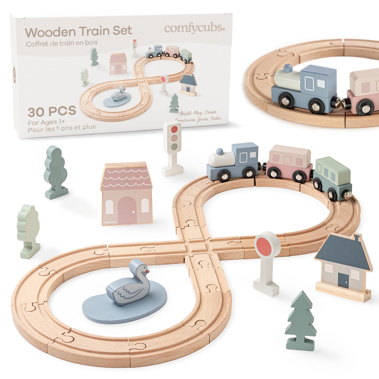 Comfy Cubs 30-Piece Wooden Train Set for Toddlers Ages 1+, Fun & Eco Friendly Toddler Train Set with Complete Toy Town - Creative Wooden Toys Promoting Imaginative Play with Flexible Configuration
