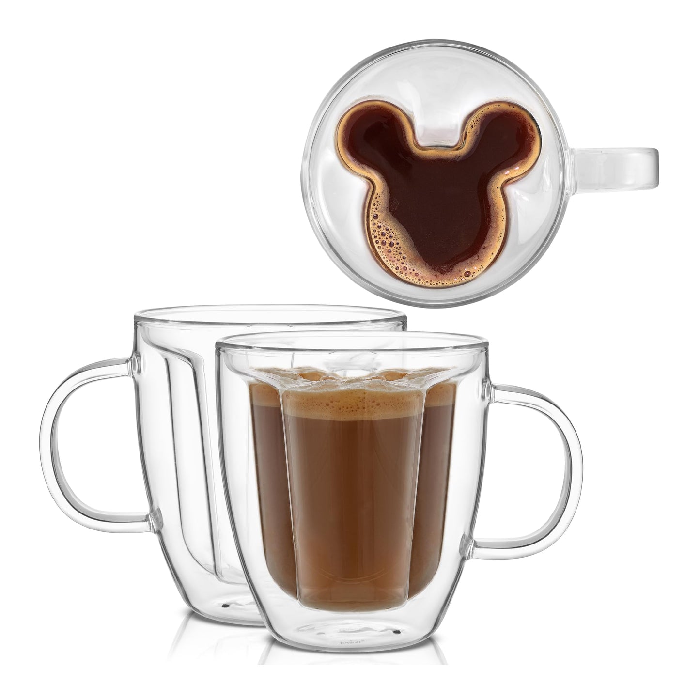 JoyJolt Disney Mickey Mouse 3D Glass Cups Set of 2, 10oz Insulated Double Wall Glass Coffee Cups with 3D Design, Insulated Disney Coffee Cup Set, Unique Mugs Also for Espresso