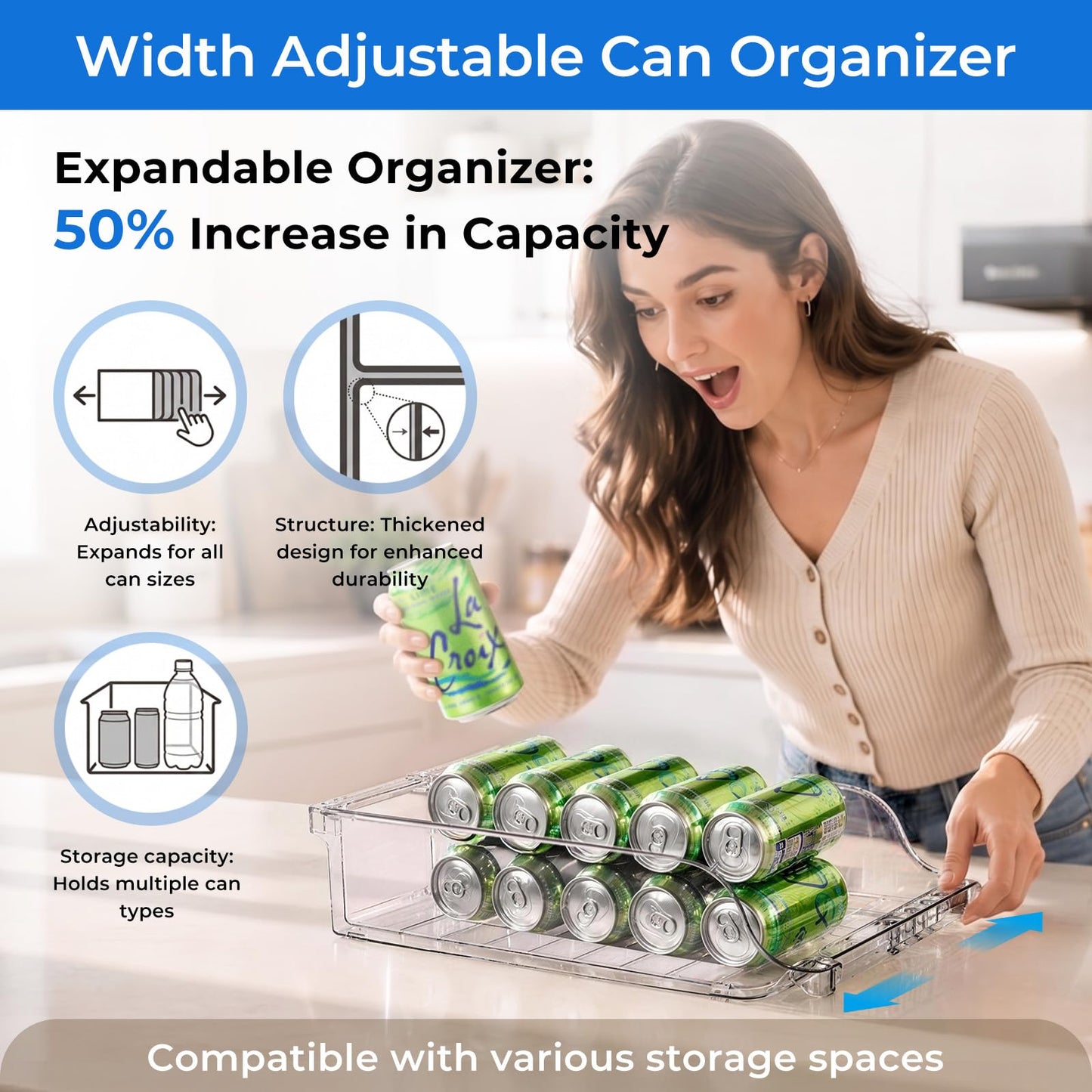 BingoHive 2 Packs Width Adjustable Soda Can Organizer for Fridge Expandable Soda Can Dispenser for Beer Soda Seltzer Pop Can Soda Organizer for Fridge