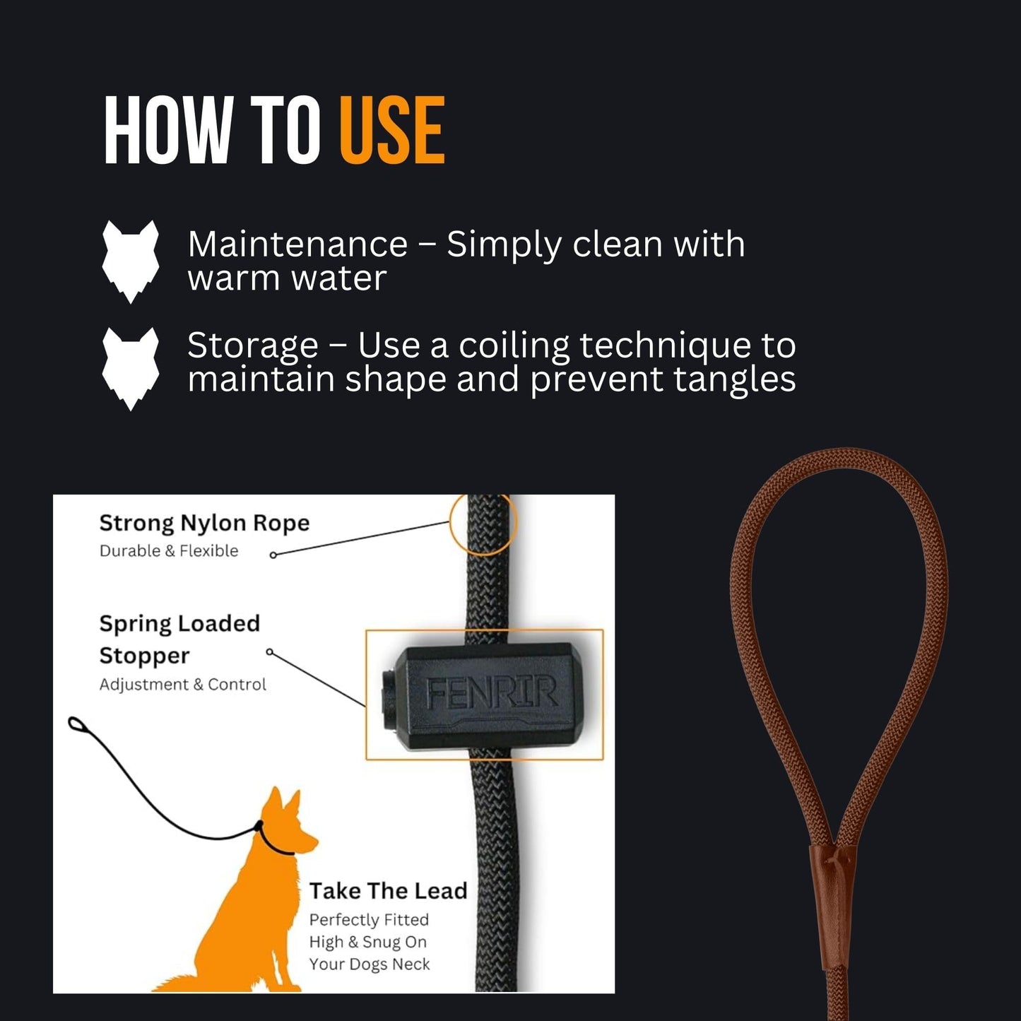 Fenrir Slip Leash 1.4m Professional Dog Training Lead To Stop Pulling, Perfect For Walks, Easy To Use, Spring Loaded Stopper, Light Weight And Durable