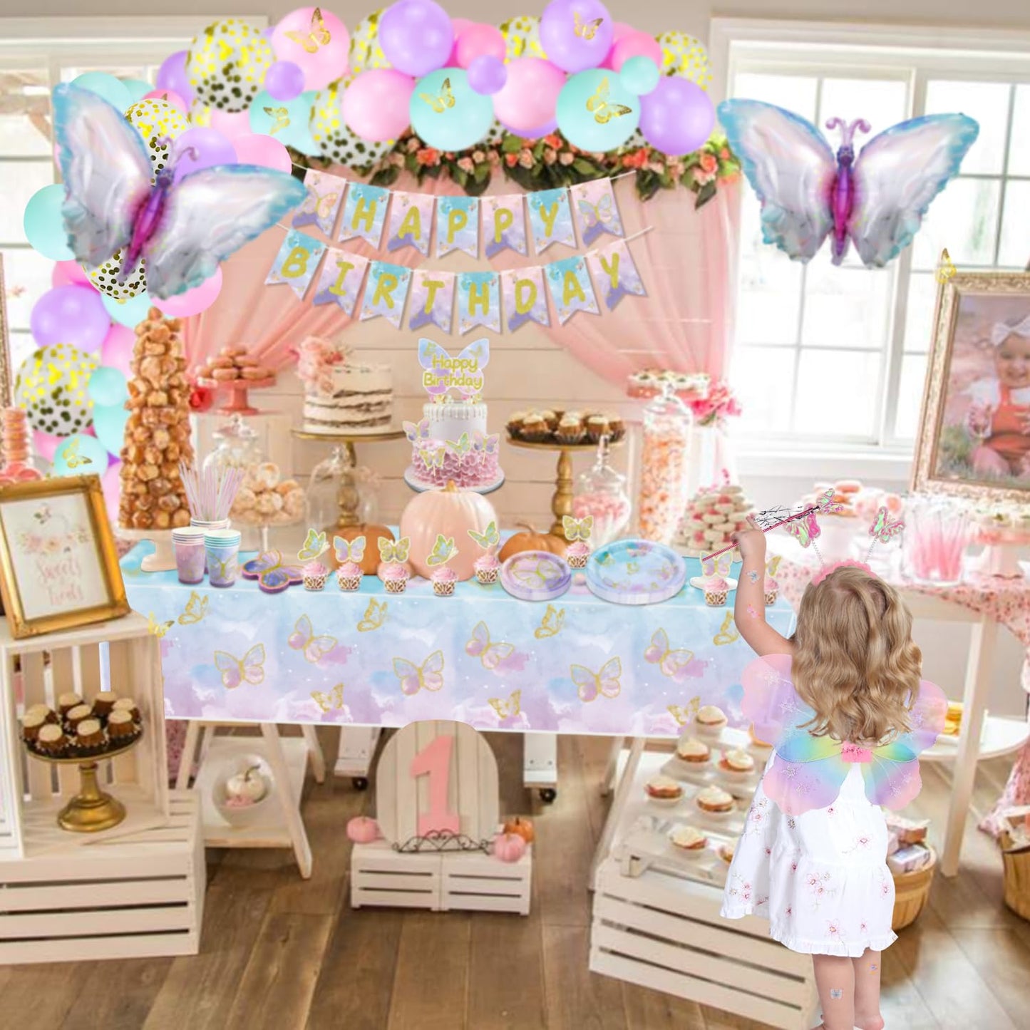 196 Pcs Butterfly Party Decorations - Including Plates, Tablecloth, Balloons, Banner, Butterfly Stickers, Cups, Fairy Wing Set for Princess Fairy Birthday Decorations, Fairy Party Supplies