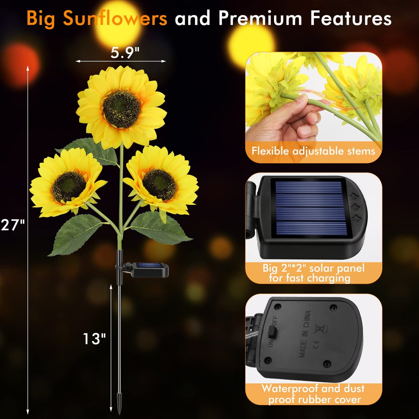 Meagoo Solar Sunflower Lights, 800mA Solar Garden Light with Real Looking Flowers Outdoor Waterproof Solar Stake Lights for Back Yard, Flower Bed, Pathway, Patio, Porch, Fall Decoration