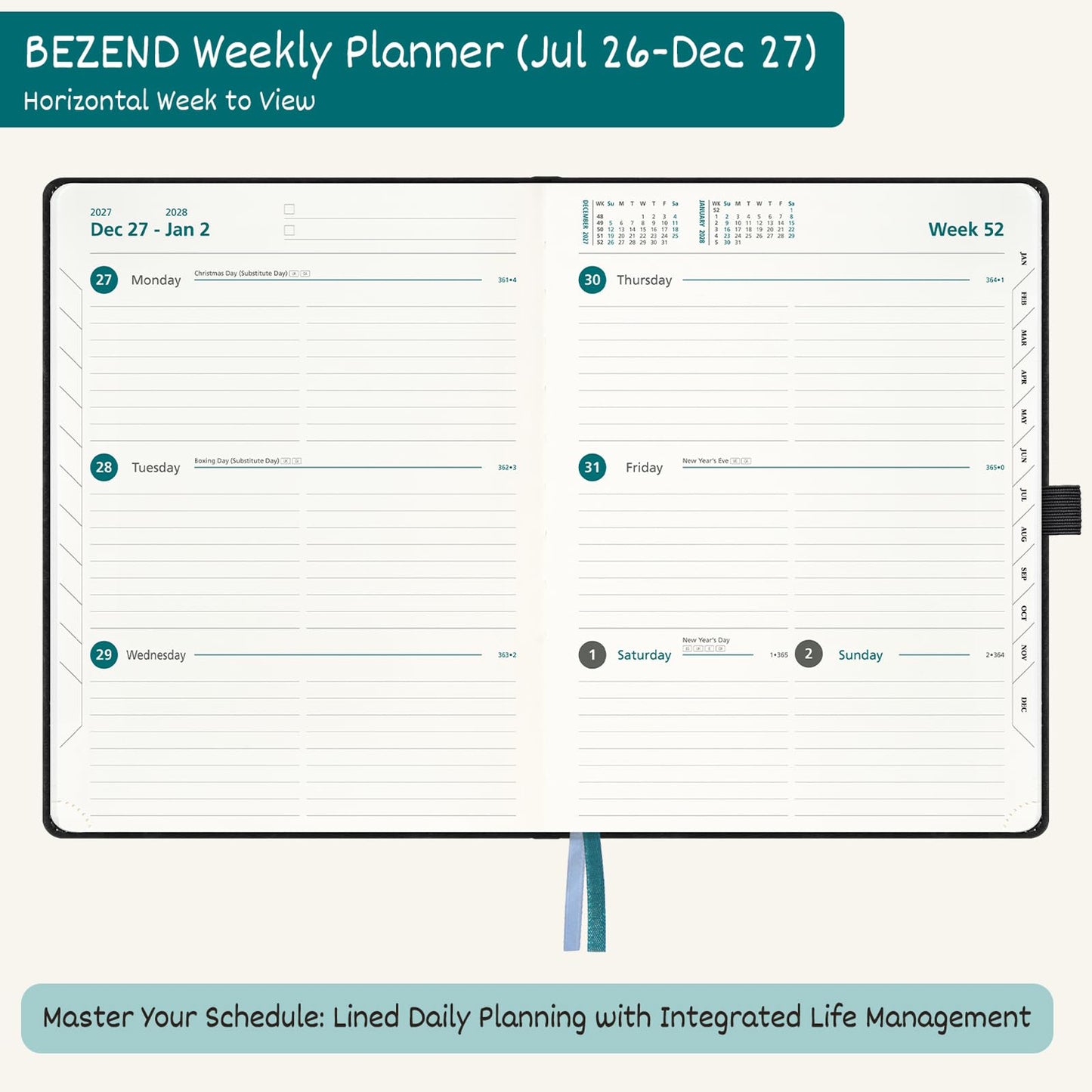 BEZEND Weekly Planner 2026-2027 (8.5" x 11") & Horizontal Layout Notebook (Jul 26-Dec 27) 18 Months Academic Agenda & Monthly Tabs, Ideal for Students, Work & Home, PU Leather Hardcover -Black