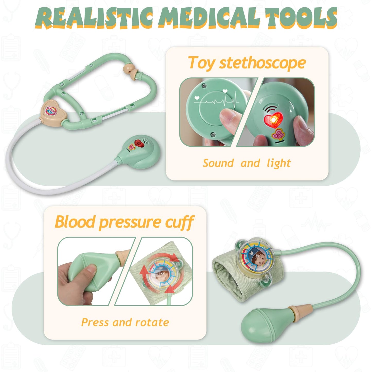 Liberry Doctor Kit for Toddlers 3 4 5 Years Old, 30-Piece Kid Doctor Toy with Stethoscope, Costume, Green Medical Pretend Play, Birthday Gift for Girls Boys