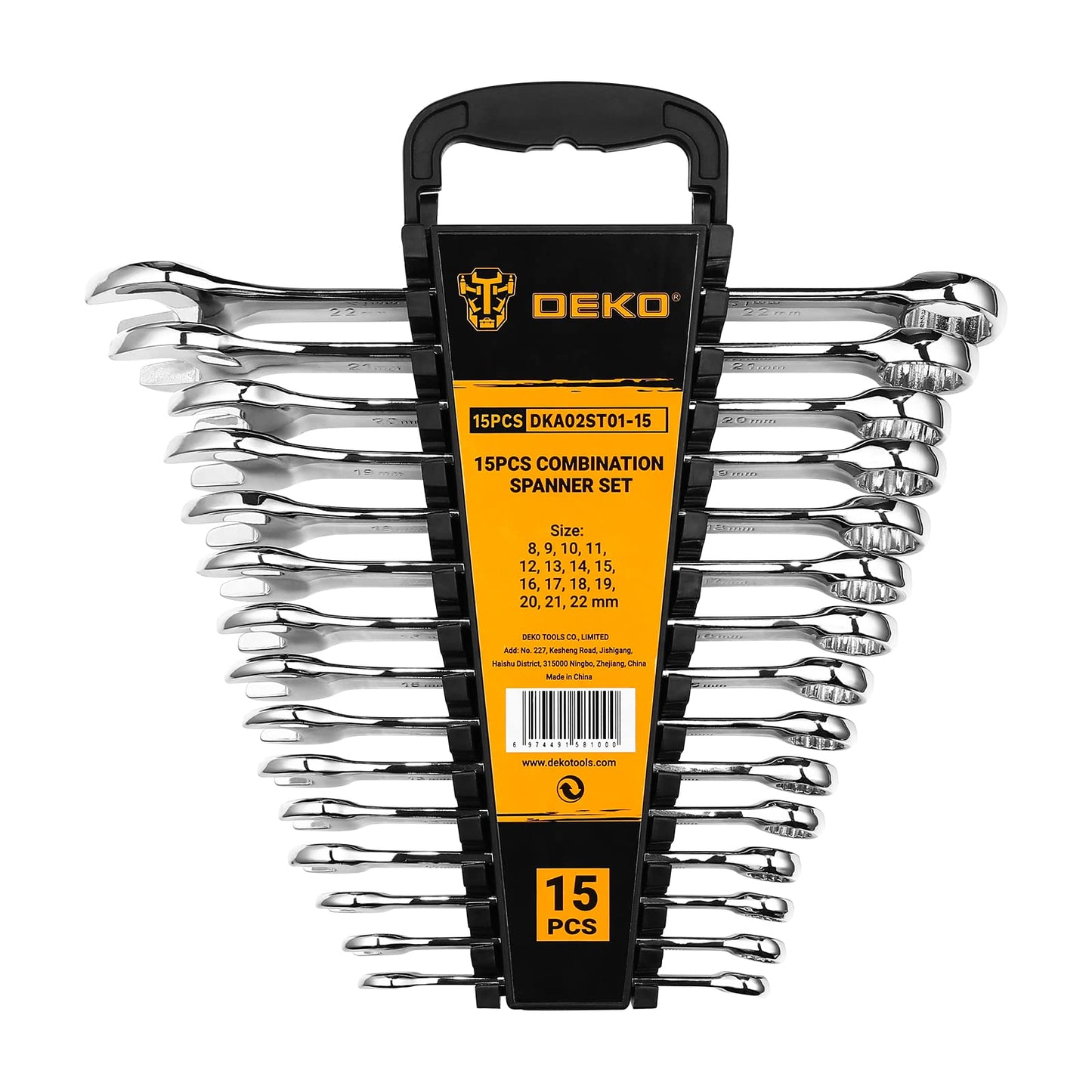 DEKOPRO Combination Wrench Set,Metric,15-Piece,8-22mm,Chrome Vanadium Steel, with Plastic Tray
