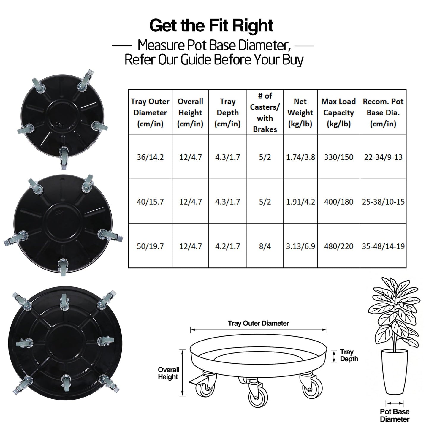 fairiland CaddyPro 14" 2-Pack Metal Plant Caddy with Wheels Heavy Duty – Rolling Plant Stand with Rubber Coated Casters & Pedal Brakes, Reinforced M10 Welding, Indoor Outdoor Pot Dolly
