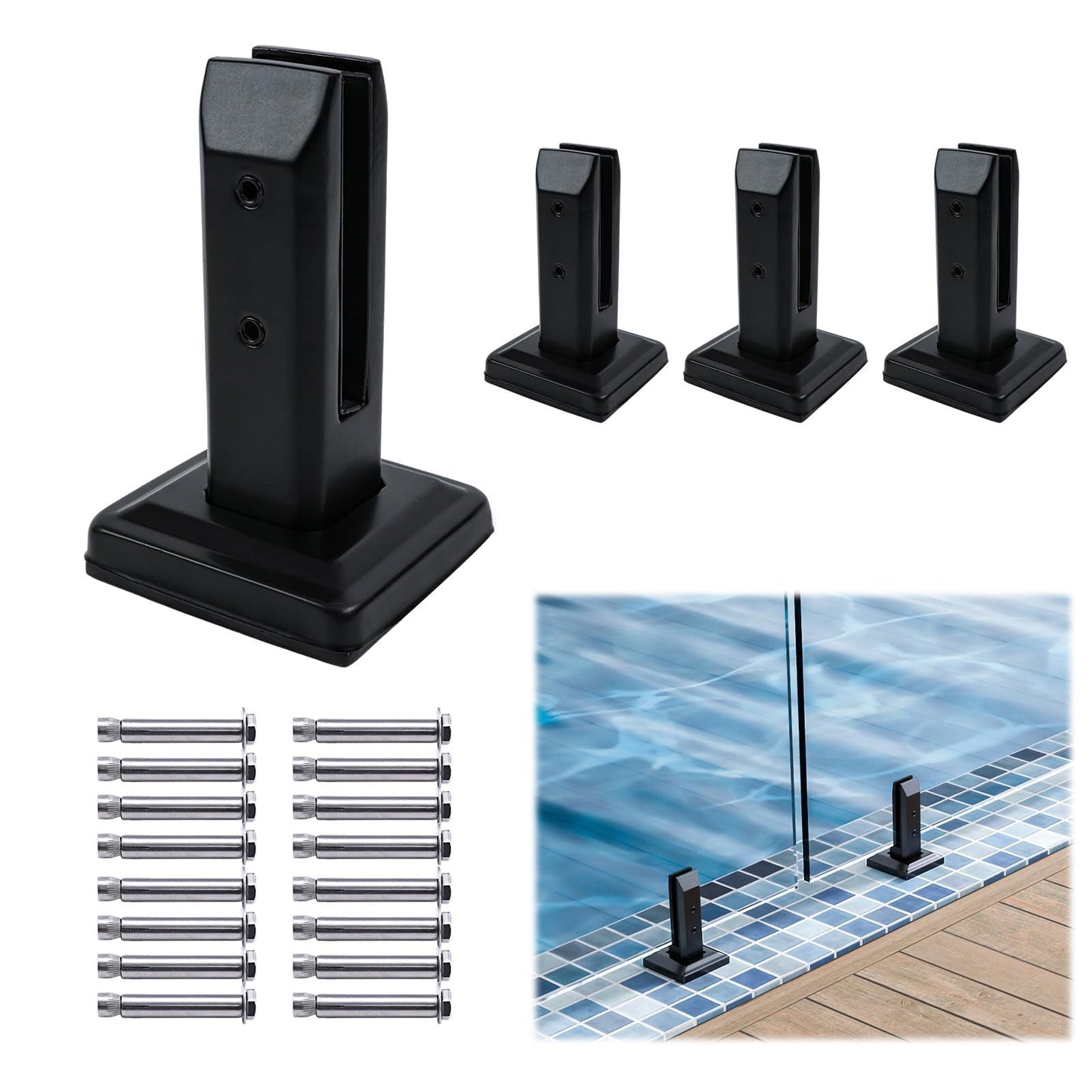 4 PCS Black Glass Railing Spigot Clamp Rectangle, 304 Stainless Steel Polish Bracket for Glass Thickness 5/16''-7/16''(8mm-12mm) Heavy Duty Pool Deck Fence Railing Post Garden Balcony