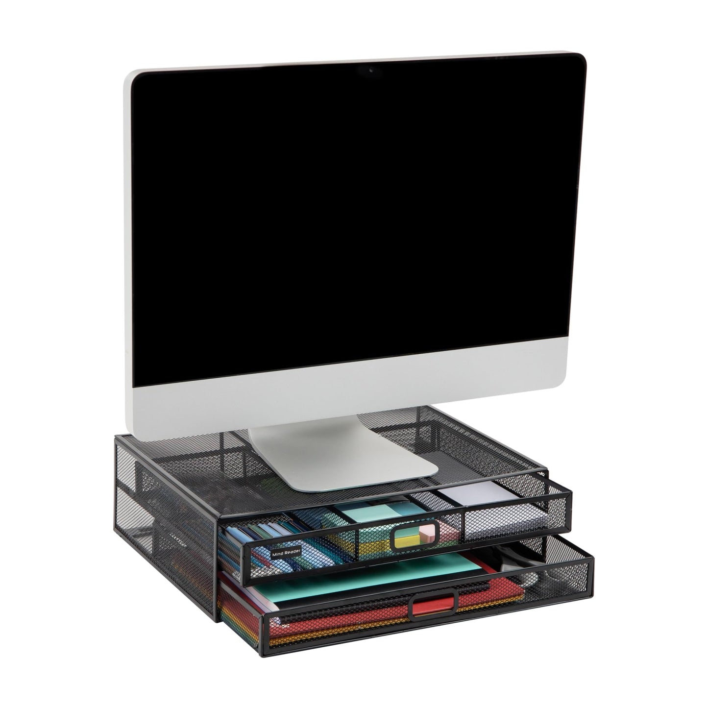 Mind Reader 2TDMESHY-BLK Metal Monitor Stand Riser with 2 Drawers, Desk Organizer, Holds PC, Laptop, Notebook, Printer and More, Black, 11.5 x 15.75 x 4.75