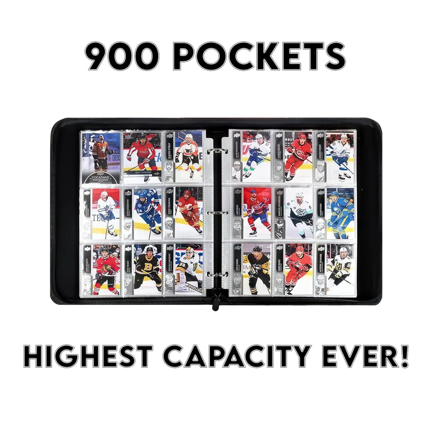 Hockey Card Binder 9 Pocket - Holds 900 Cards with 50 Removable Double-Sided Sleeves, Zipper Closure, Trading Card Binder - Ideal Gift for Boys & Girls (9-Pocket Large)