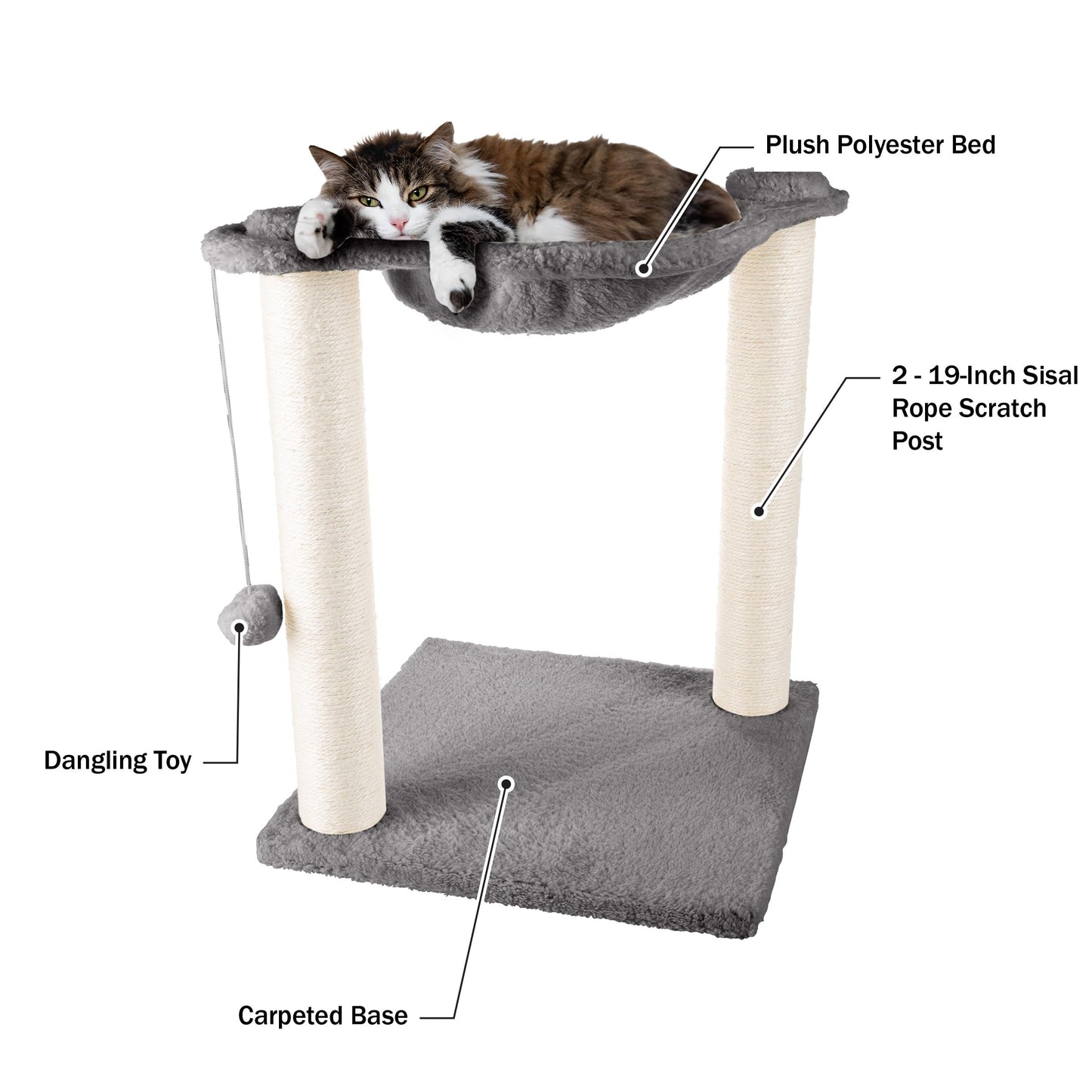 Cat Hammock with Scratching Posts for Indoor Cats - 19-Inch-Tall Cat Tree with Hanging Ball Toy for Adult Cats and Kittens by PETMAKER (Gray)