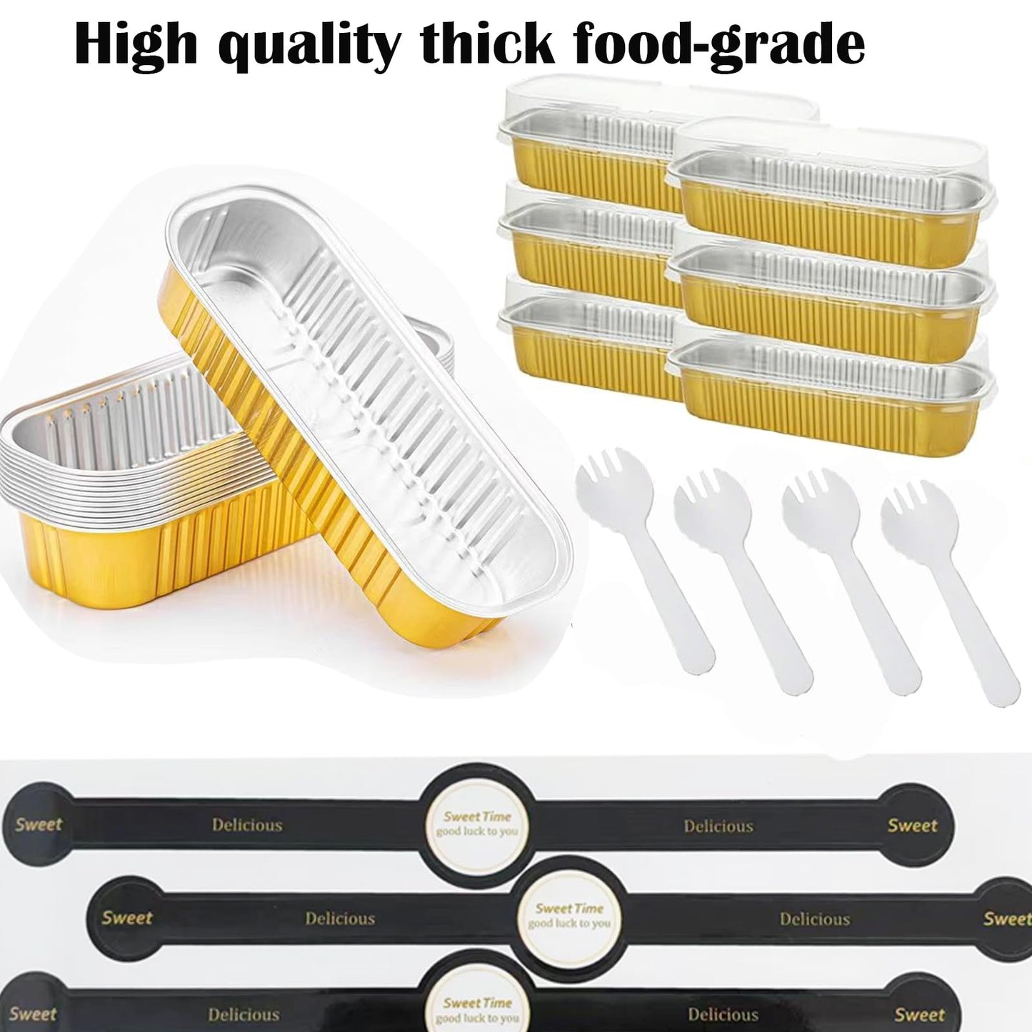 100 Pack Mini Loaf Pans with Lids and Spoons Sealing Sticker, 6.8oz Mini Cake Pans for Baking, Disposable Aluminum Foil Loaf Pans, Loaf Baking Pans, Small Cake Containers with Lids(Gold)