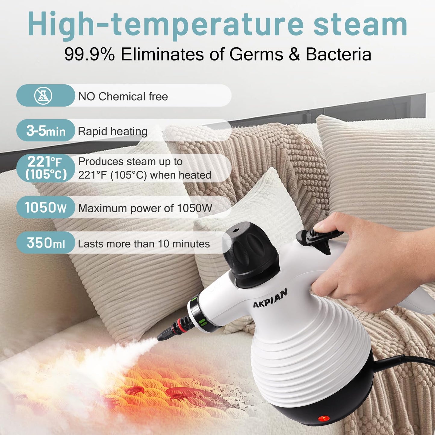 AKPIAN Steam Cleaner Handheld for Home, Hand Held Steam Cleaner with 10 Accessories, Stermer Cleaning With Safety Lock, Multi-Purpose for Kitchen Grease, Bathroom Grout, Upholstery