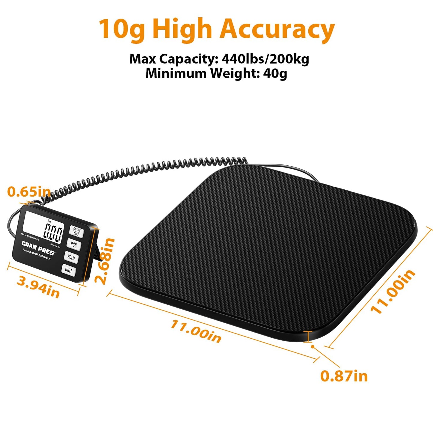 GRAM PRES Shipping Scale 440 lbs/10g Highly Accurate Digital Postal Scale with Hold/Tare/Pcs LCD Display for Packages/Luggage/Post Office/Dog Battery & USB Cable Included