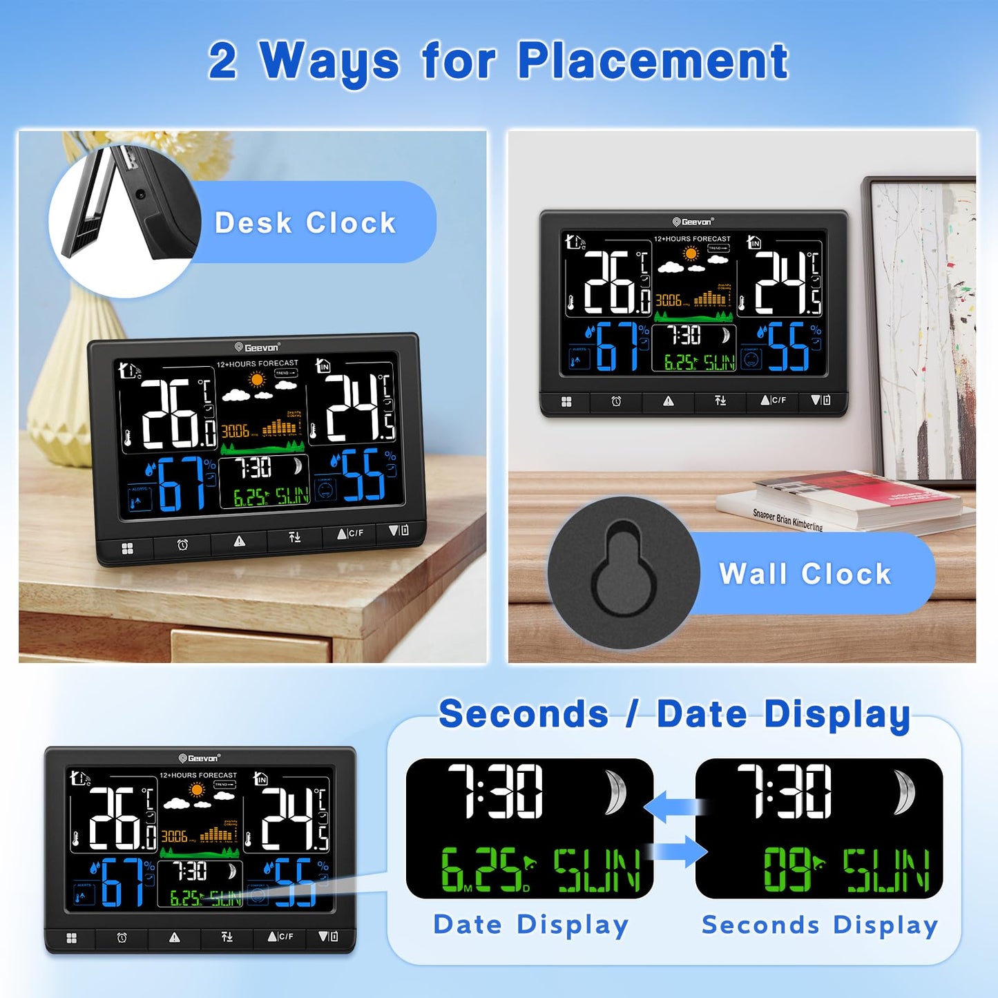 Geevon Weather Stations Wireless Indoor Outdoor Thermometer, Color VA Display Digital Temperature Humidity Monitor with Barometer, Time, Calendar, and Adjustable Backlight