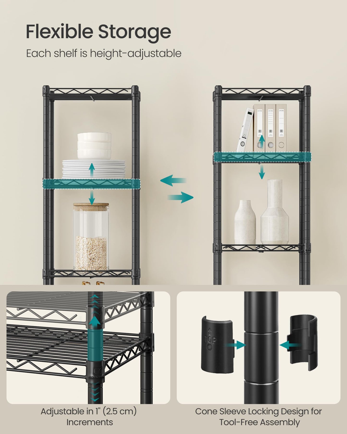 SONGMICS Storage Shelf, Metal Wire Shelving Unit, Adjustable Shelves, for Garage, Bedroom, Living Room, Kitchen, Pantry, 5 Tier, 30 x 30 x 121 cm, Ink Black ULGR123BH01