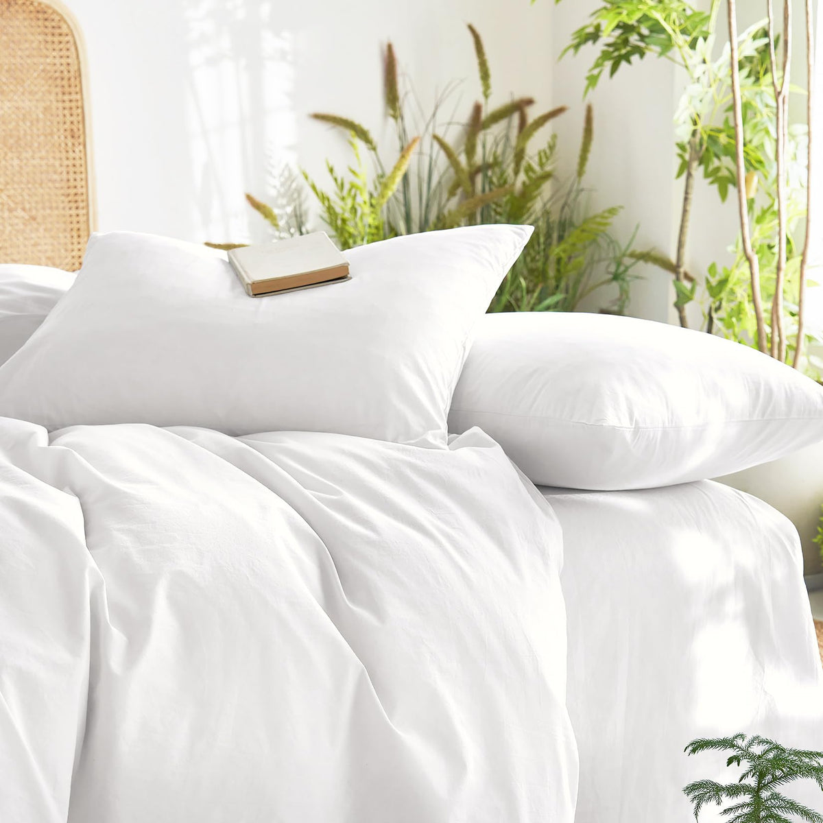 Wake In Cloud - White Cotton Duvet Cover Set, Queen Size, 100% Washed Cotton Plain Solid Color, Linen Like Textured, Breathable Durable Farmhouse Neutral Bedding Set, 3 Pieces