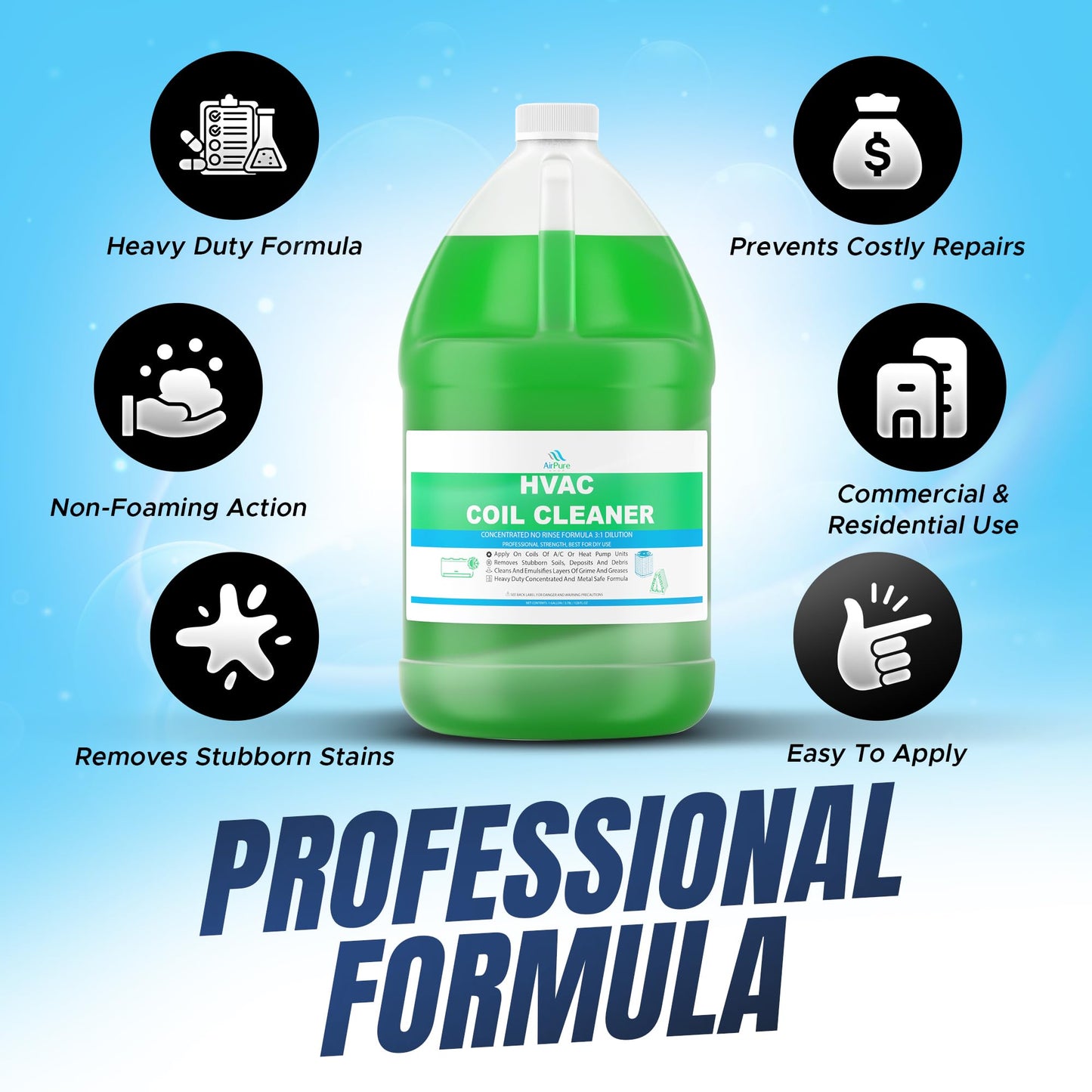 AC Evaporator Coil Cleaner - 1 Gallon (3.78L), No-Rinse Formula, Metal-Safe Corrosion Inhibitors – Cleans Air Conditioners, Condensers, HVAC, Mini Splits, Heat Pumps – Residential & Commercial Use