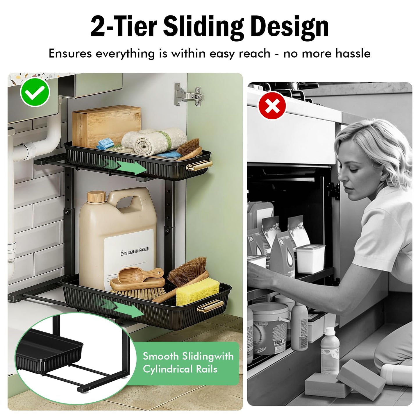 SNSLXH Under Sink Organizer 2 Pack, 2 Tier Pull Out Bathroom Storage Organizers, Kitchen Cabinet Organizers and Storage, Multi-Purpose Home & Kitchen Essentials, Black