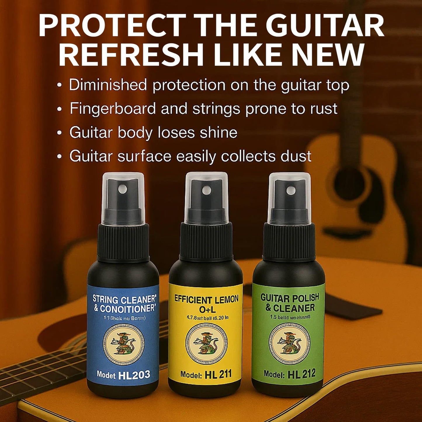 9Pcs Guitar Cleaning Care Maintenance Kit with String Cleaner, Polish, Fretboard Lemon Oil, Anti-Rust, String Winder, Cleaning Cloth | Guitar & Bass Tools Accessories | Musician Gift for Guitar Player