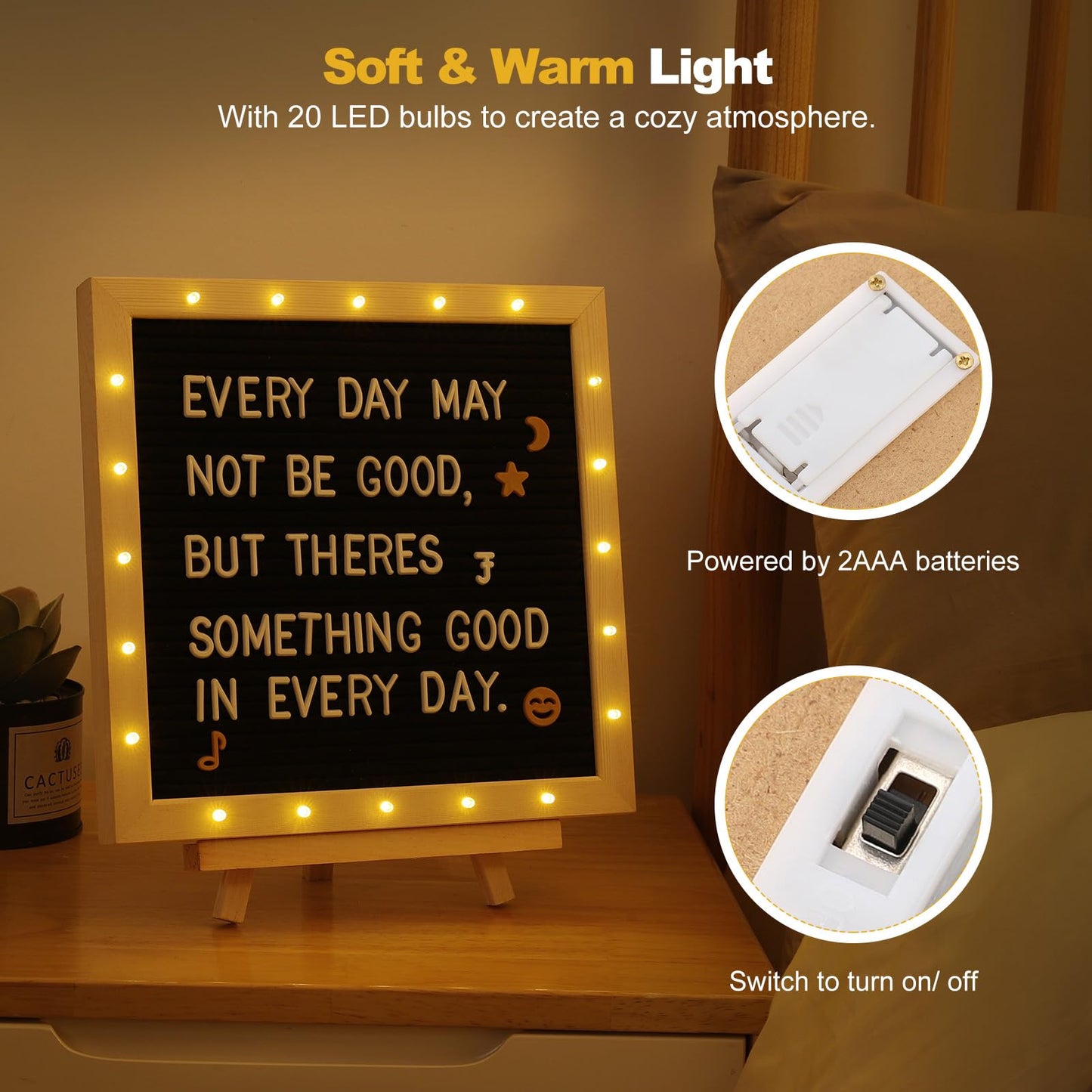 Lewondr Felt Letter Board, 10"×10" Wooden Letter Board Sign, Changeable Message Board with 20 LED Lights & 340 Letters, Pregnancy Baby Announcement Sign, First School Day Board, Black