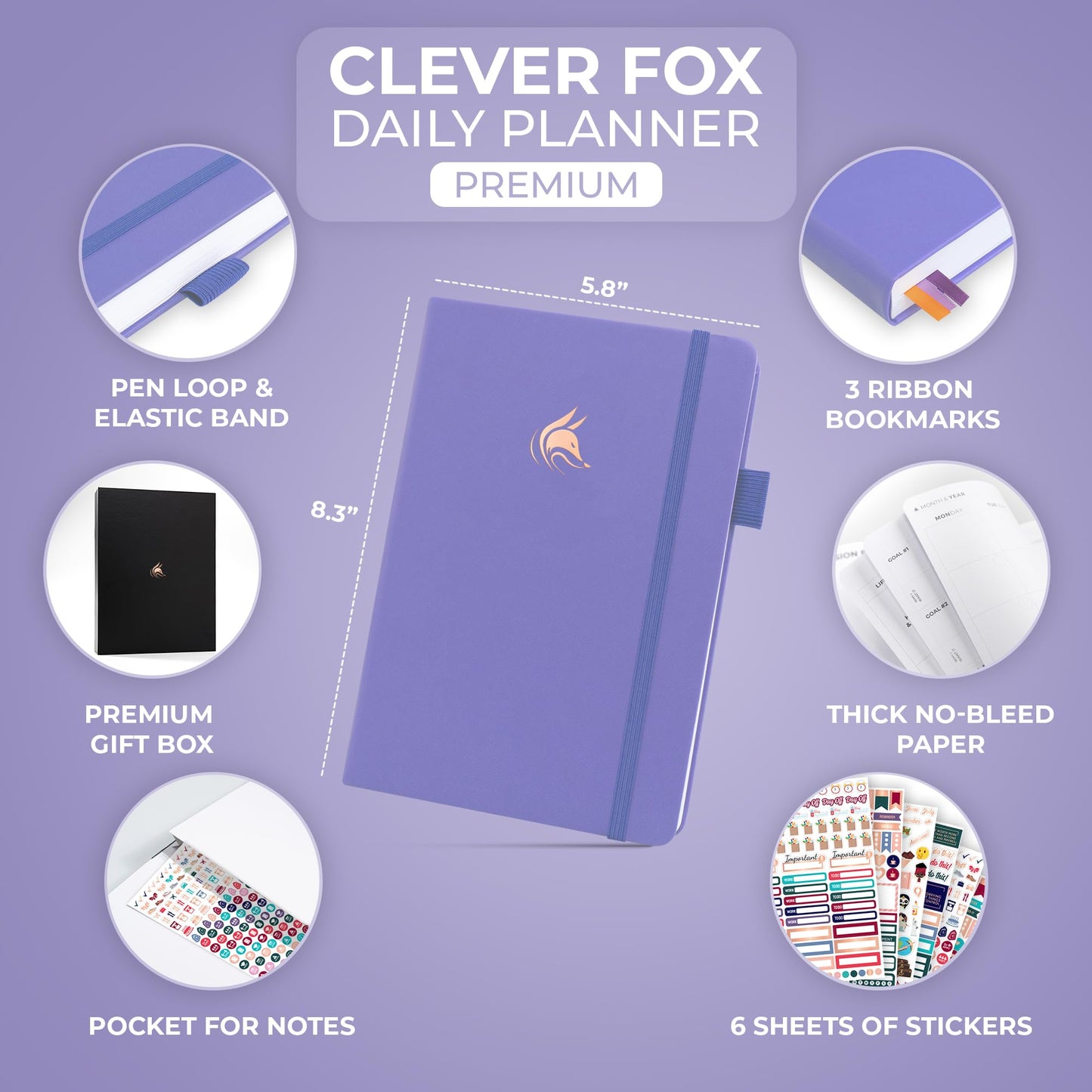 Clever Fox Planner Daily Premium Edition – Undated Luxurious Daily Planner with Hourly Schedule, Personal Organizer, Productivity & Goal Journal, Start Anytime, A5-sized, Lasts 6 Months - Lavender