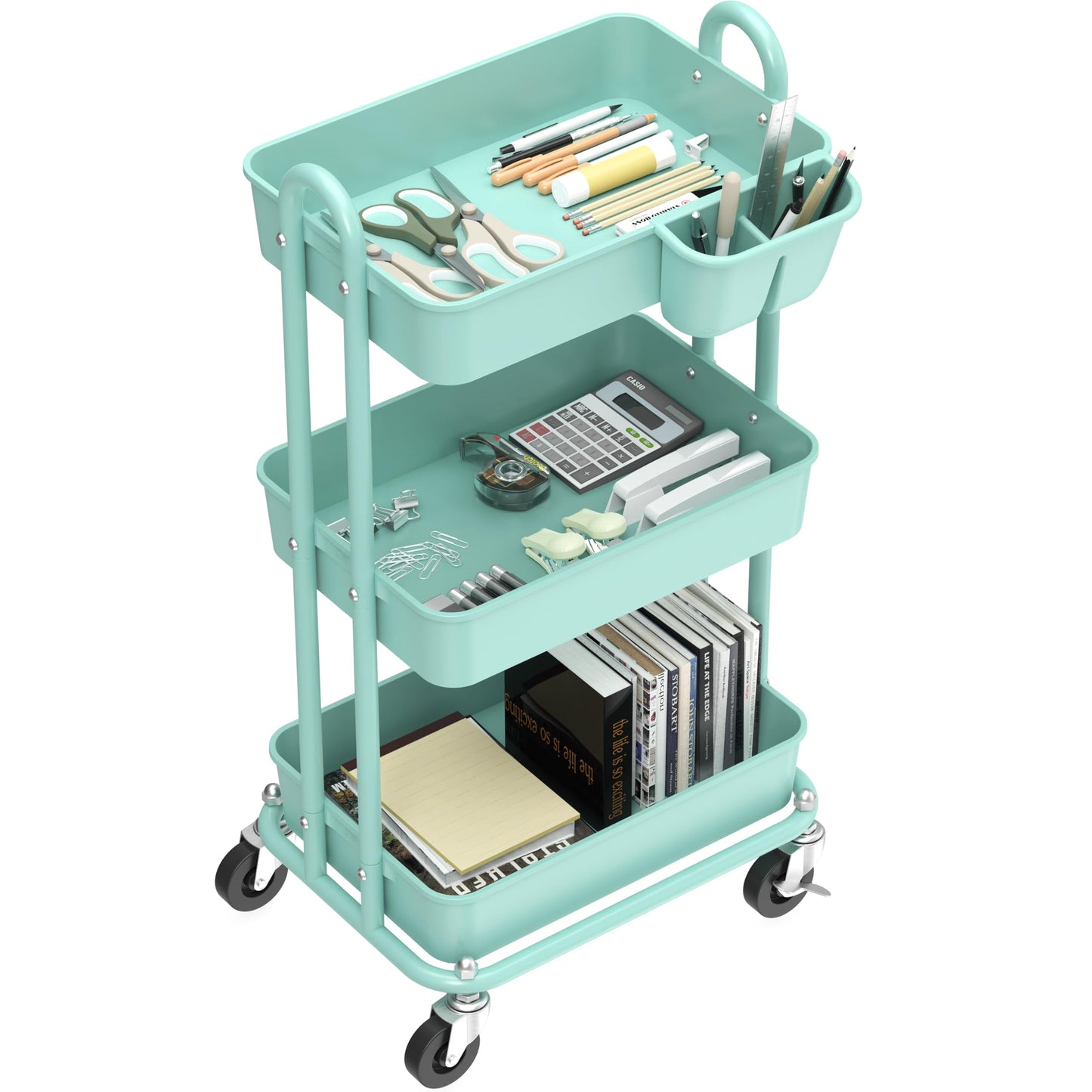 Simple Houseware 3-Tier Rolling Utility Cart with Hanging Buckets, Turquoise