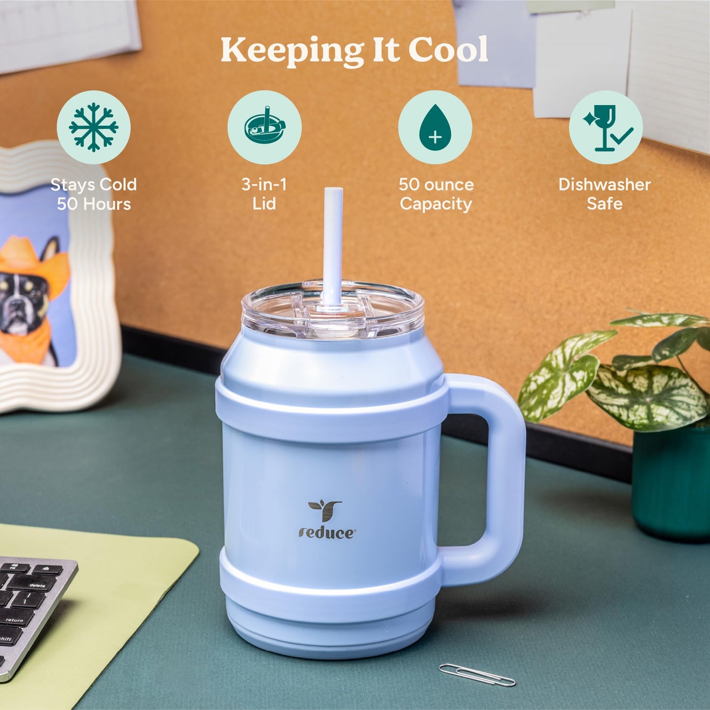 Reduce 50 oz Tumbler with Handle - Vacuum Insulated Stainless Steel Desk Mug with Sip-It-Your-Way Lid and Straw - Keeps Drinks Cold up to 36 Hours - Sweatproof, Dishwasher Safe - OM Phantom