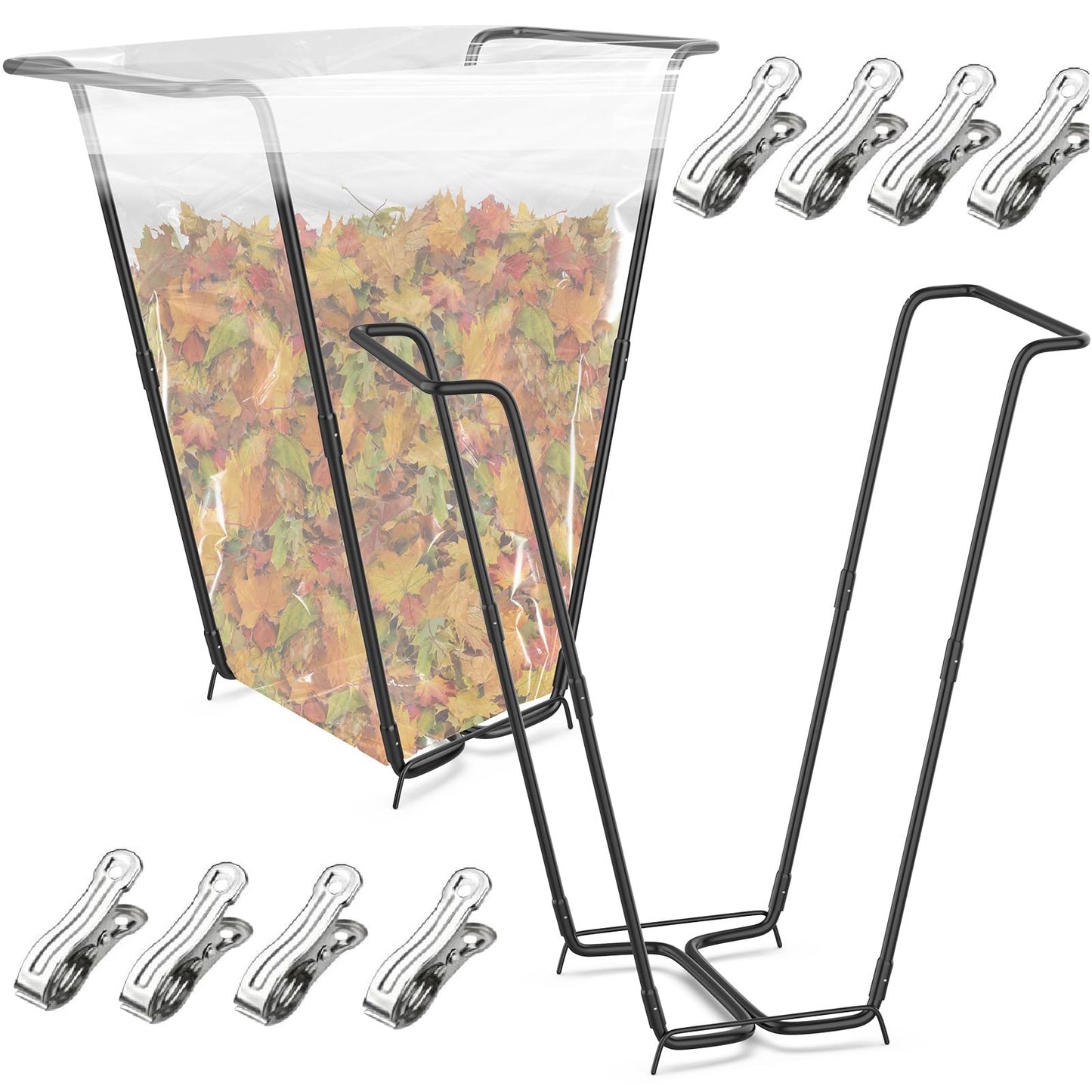 2PCS Outdoor Trash Bag Holder Metal Garbage Bag Holder for Yard Work Frame Holds 30-45 Gallons Trash Bags Portable Leaf Bag Holder for Leaves Camping Lawn Party Weeding Yard Gardening（2pcs+8clips）