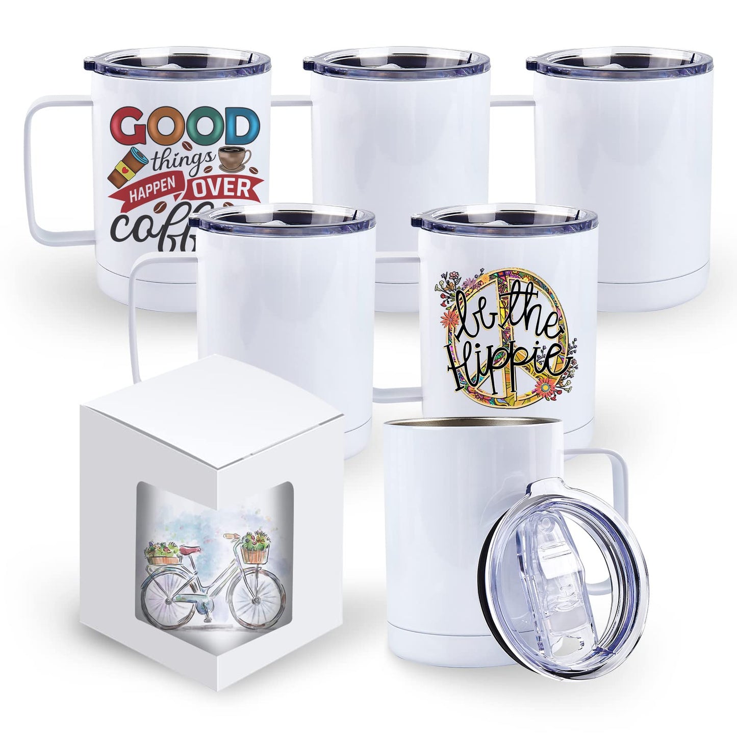 BetterSub Bulk 6 Pack 12oz Sublimation Mug Blanks Stainless Steel Tumblers with Handle & Sliding Lid - Double Wall Vacuum Insulated for Coffee, Fit Cricut Mug Press Machine