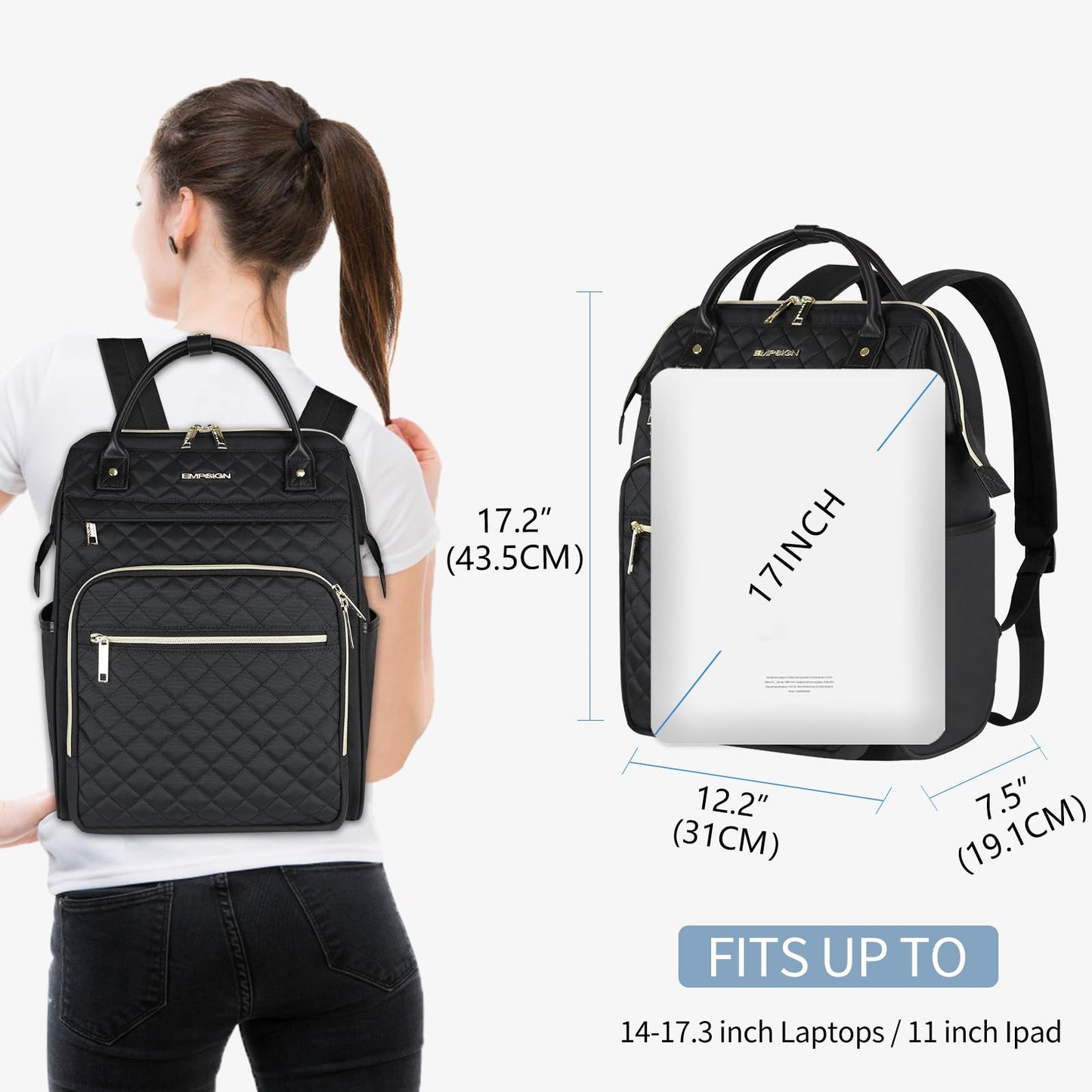 EMPSIGN 17 Inch Laptop Backpack for Women, Work Business Travel Computer College Bags, Large Capacity Water-repellent Quilted Casual Daypack, Black