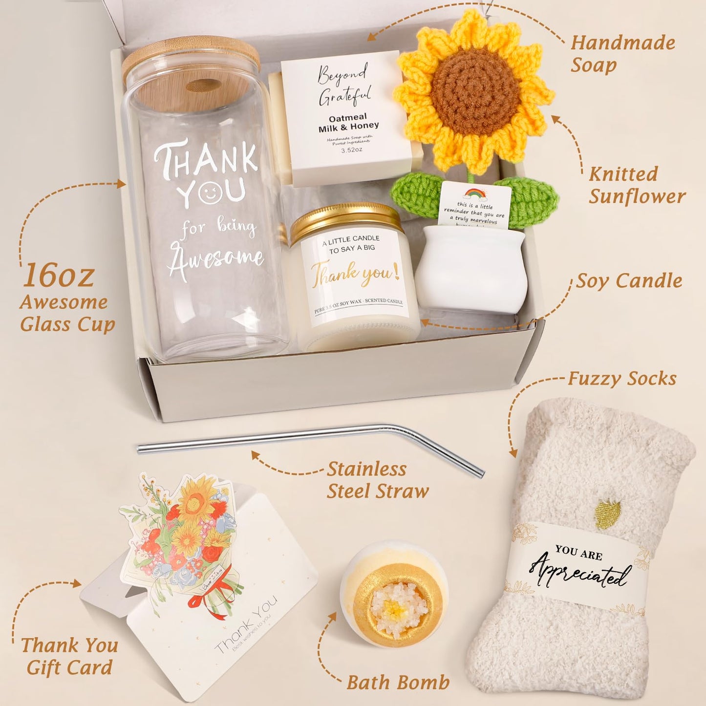 Thank You Gifts for Women, Teacher Appreciation Gifts, Thank You Baskets for Coworkers Teachers Friends Mom Employees Nurse Secretary with Thanks Cards, Awesome Glass Cup