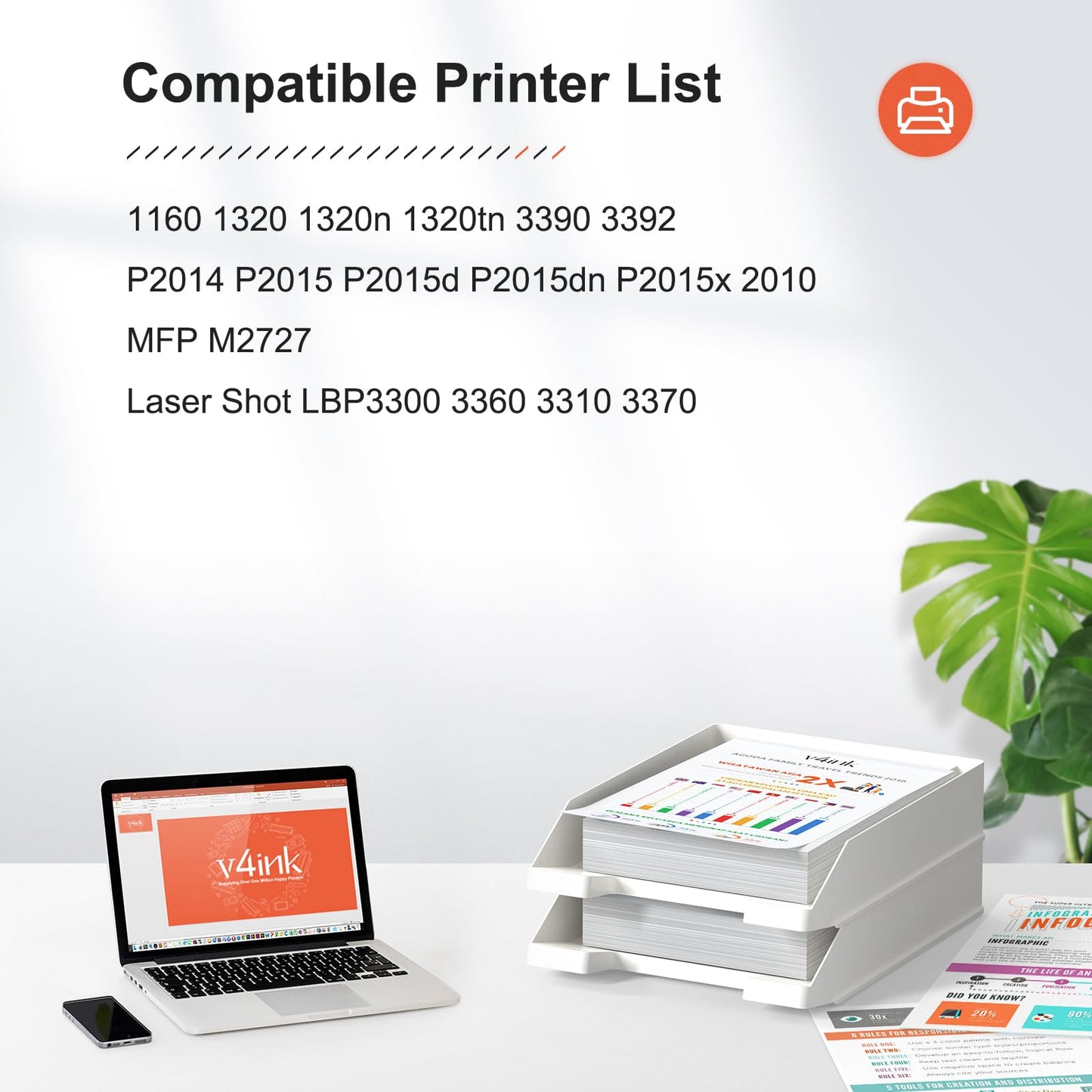 V4INK Compatible Toner Cartridge Replacement for HP 49X Q5949X HP 53X 7553X (Black, 2-Pack), for use in HP Laserjet P2010 P2014 P2015 P2015d P2015dn P2015n P2015x M2727MFP M2727nf MFP Printer