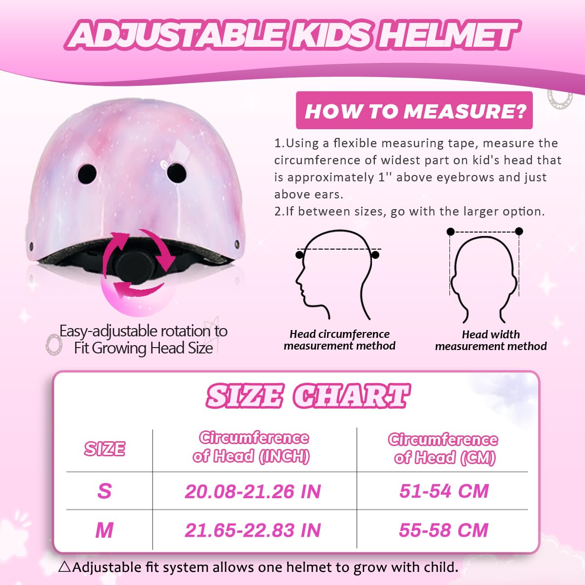 HXWY Adjustable Kids Bike Skateboard Helmet CPSC Certified for Boys Girls Youth Toddler, Starry Pink Protective Helmets for Multi-Sports Cycling Skateboard Scooter Skating (Medium)