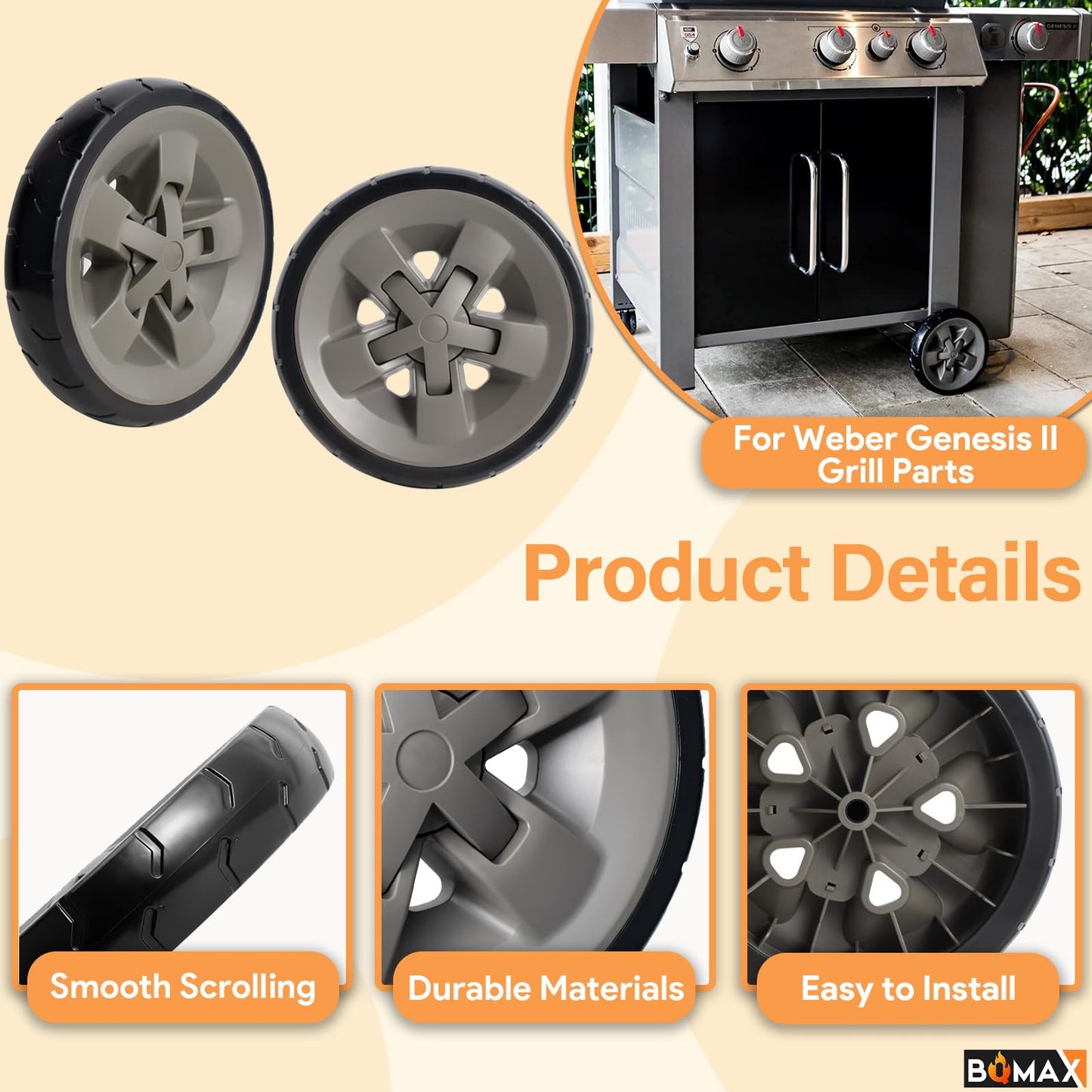 67445 Grill Wheels for Weber Genesis II Parts and Genesis II LX 300 200 400 600 Series, 8 inch Plastic Wheels for Webers, 2 Packs Kits for Weber Grill Replacement