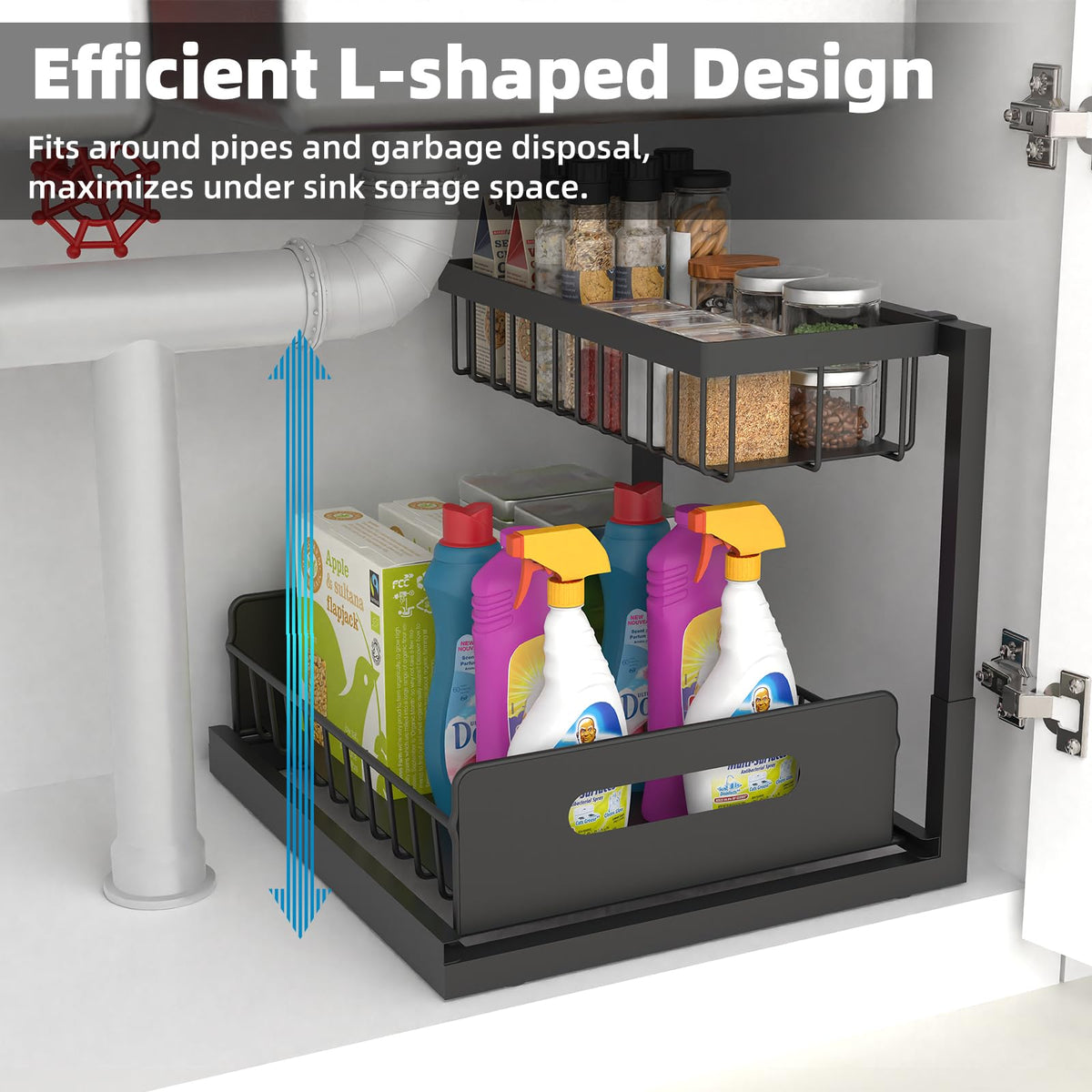 Under Sink Organizer 2 Pack, 2 Tier Rustproof Under Cabinet Storage, Sliding Kitchen Sink Organizer for Kitchen Bathroom