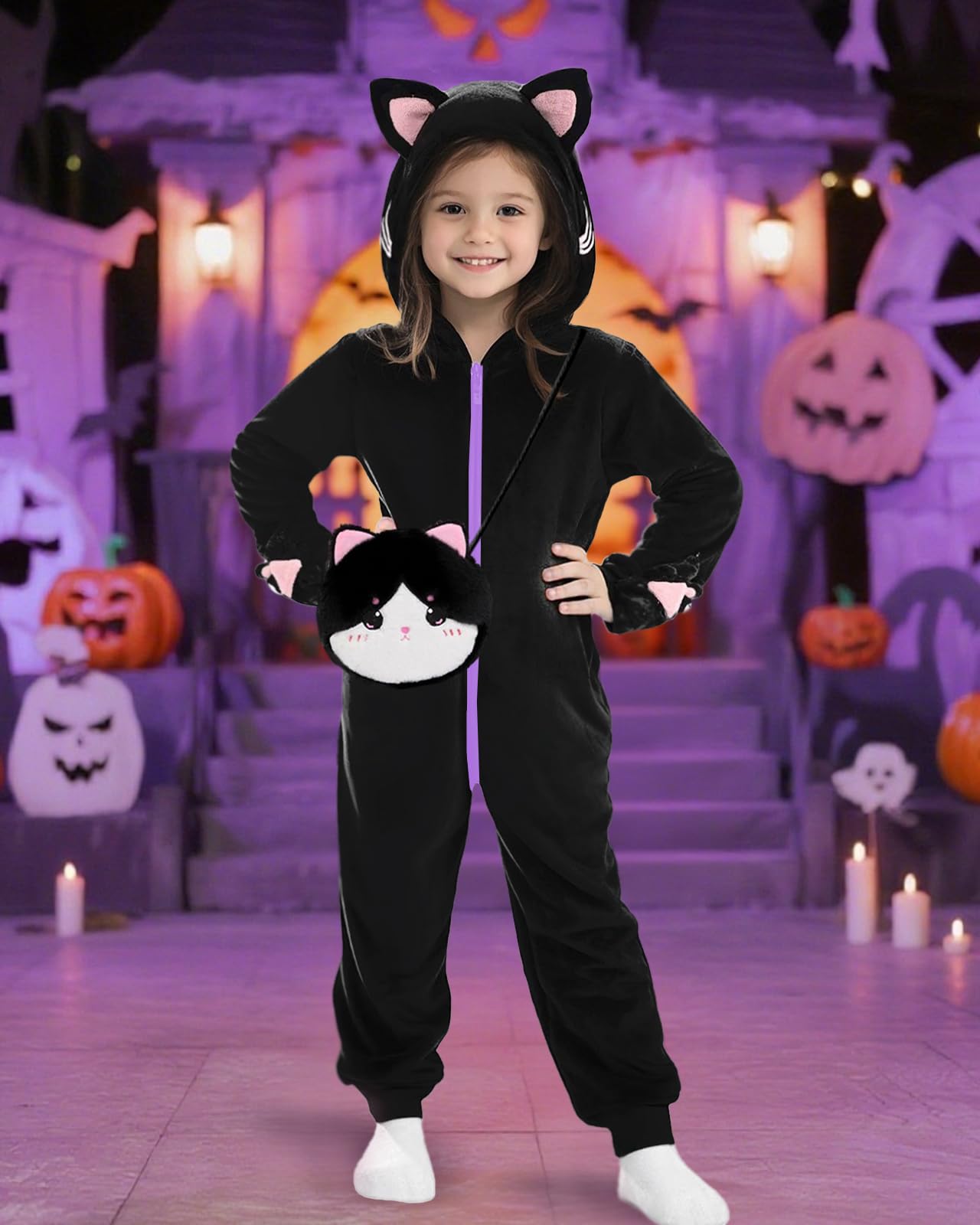 Trsenvrml Girls Halloween Costume Kids Cat Cosplay Black Dress Up for Girl Hooded Halloween Romper Jumpsuit (Cat, 6-7T)