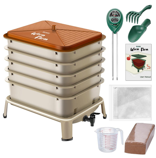Blütezeit 5-Tray Worm Compost Bin, 53QT Outdoor & Indoor Worm Composter with Worm Farm Starter Kits for Home & Kitchen Recycling Food Waste (Gold)